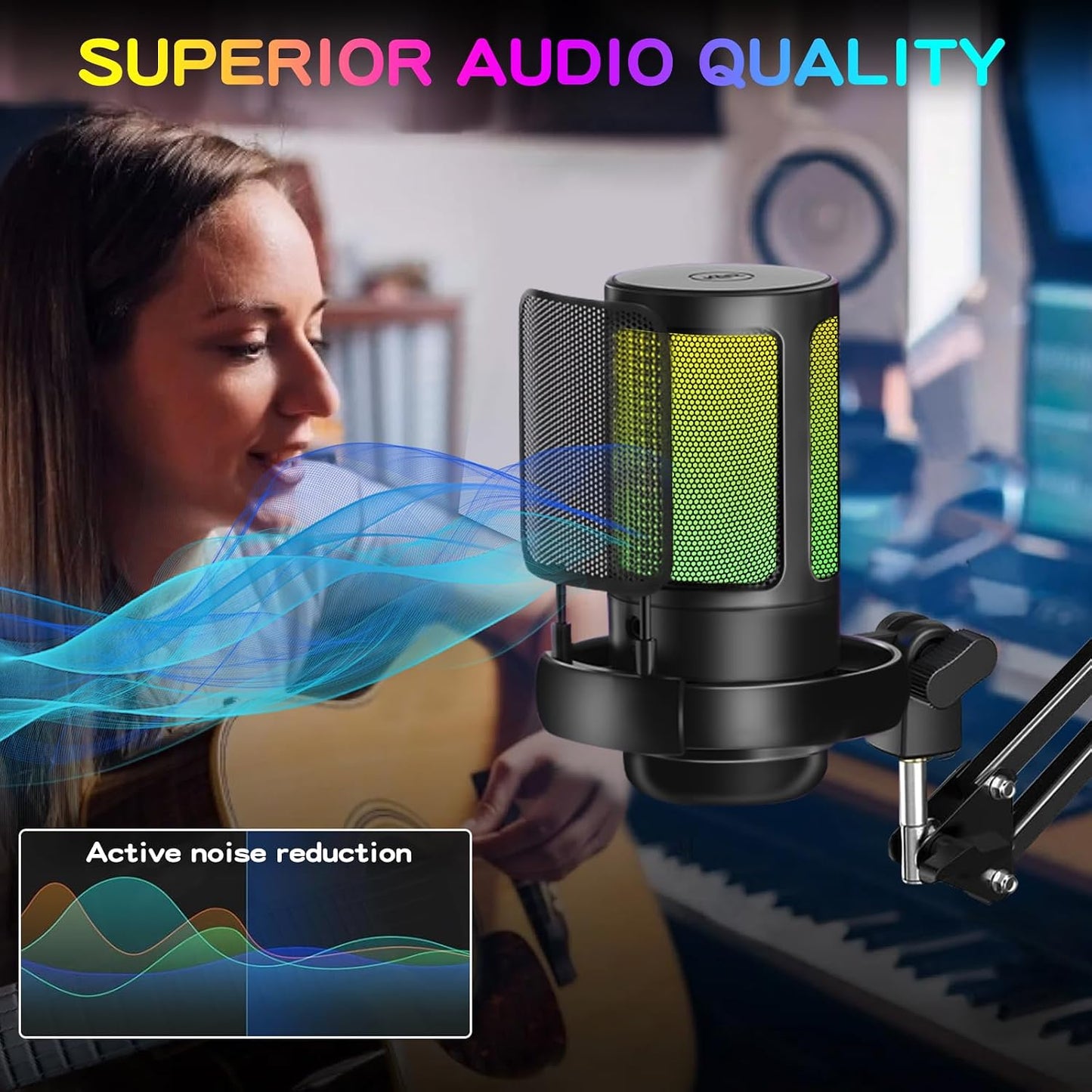 KingSom Gaming USB Microphone,Noise-Canceling Condenser Mic with Boom Arm | Podcast Microphones RGB Computer Mic,Streaming Microphone with Pop Filter, Mute Button,Gain for Recording,Discord,YouTube