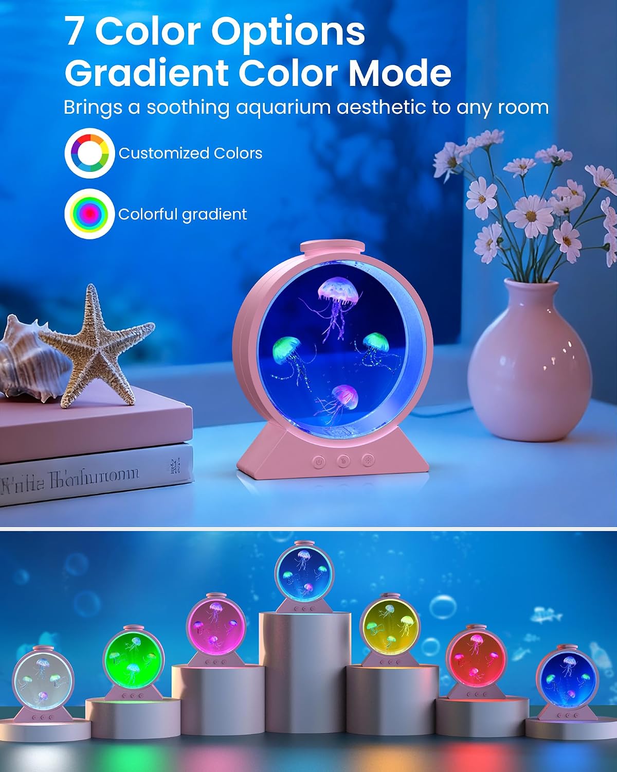 Jellyfish Lamp for Sleep Anxiety Calming Night Light for Bedroom(Pink) | Whisper-Quiet Sensory | 7 Soft Color Modes | Adjustable Water Flow | 8H Auto-Off Timer | Rounded Tank Lamp Gift for All Ages