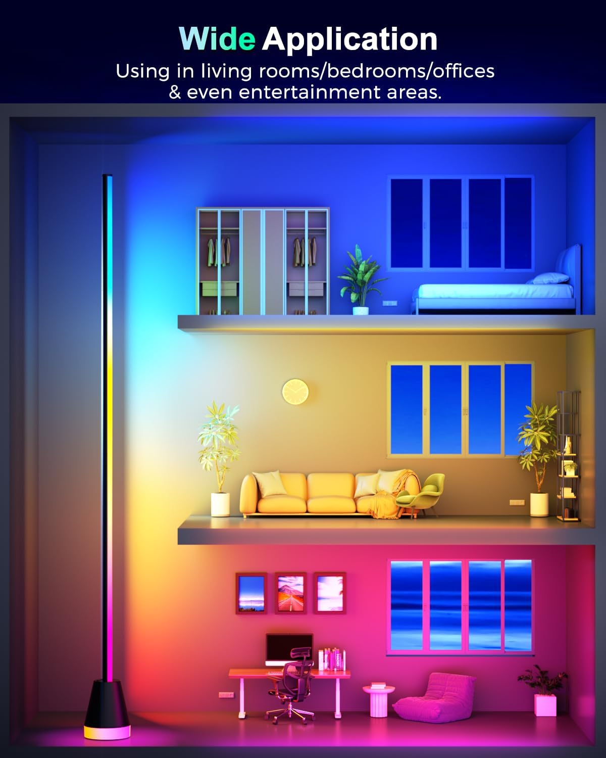 Corner Floor Lamp, Smart RGB Lamps for Living Room Bedroom, APP & Remote Control Tall Standing LED Lights, 16 Million DIY Colors Cool Modern Ambient Lighting with Music Sync & Timer, Black