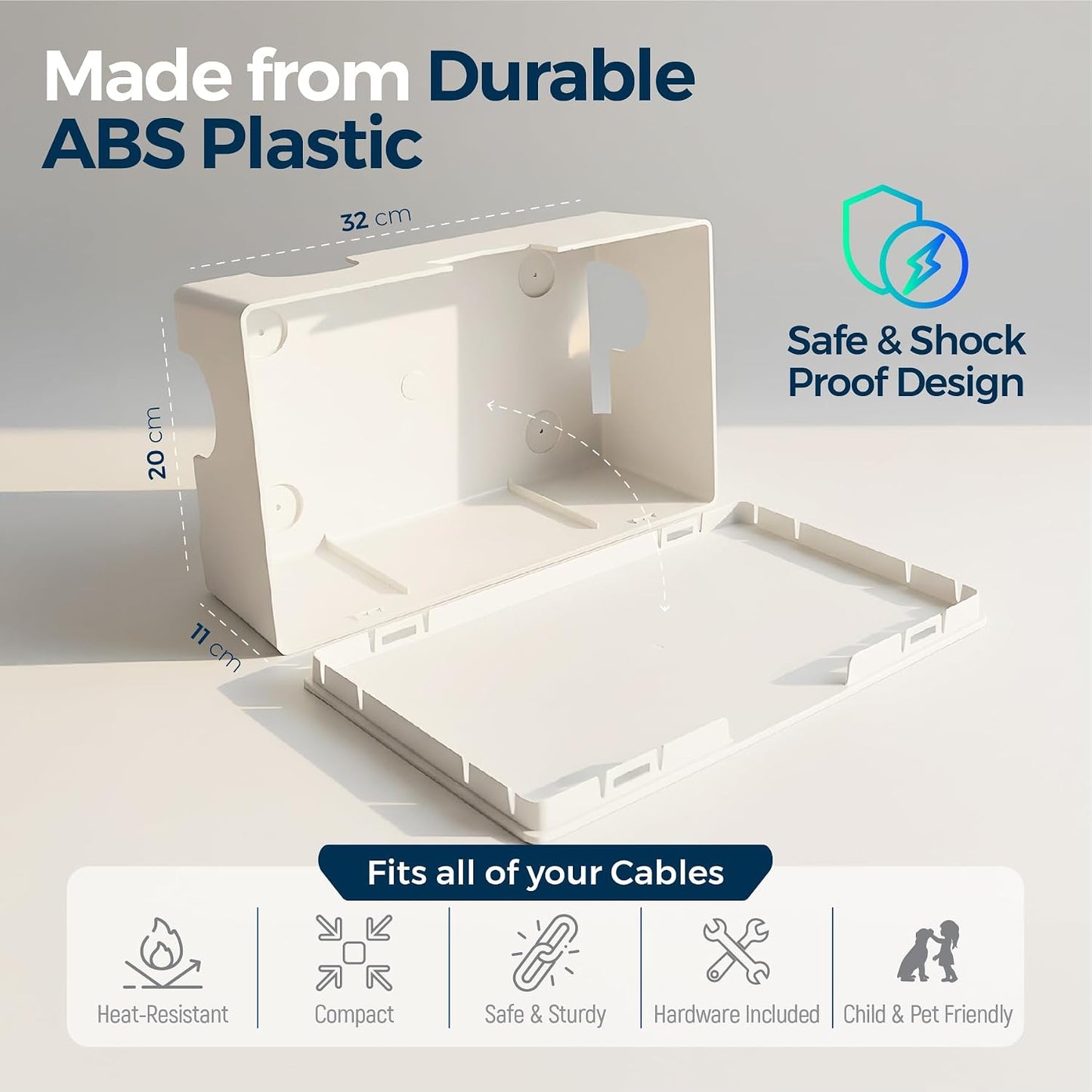 Cable Management Box with Included Mounting Hardware – ABS Cord Organizer (12,7 x 7,8 x 4,5 in) | Heat-Tolerant Power Strip & Cable Storage | Wall-Mountable or Floor Use
