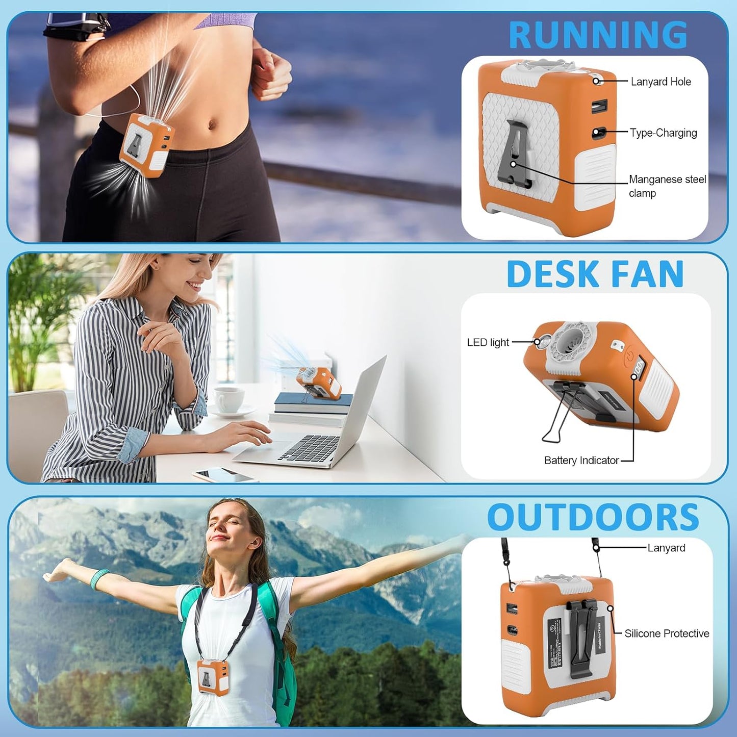 FANSYJKJ Portable Waist Fan Cooling Body Clip Belt Shirt Fans for Outdoor | 10000mAh Rechargeable Personal Fan with 5 Speed Max 55H Runtime Low Noise Shirt Fans with Flashlight for Travel Camping