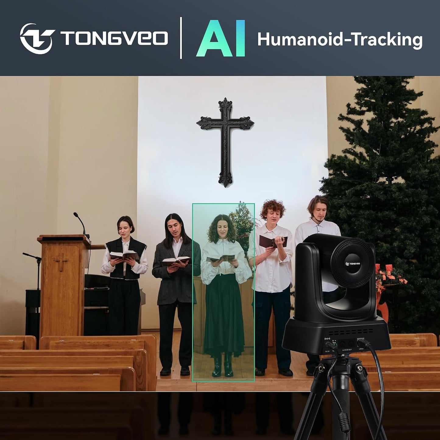 TONGVEO AI Wireless PTZ Camera System with Auto Tracking Built-in Receiver & Bluetooth Speakerphone, 5.8GHz 1080P 60fps Conference Camera with 3X Optical Zoom, for Church Zoom, OBS Meetings