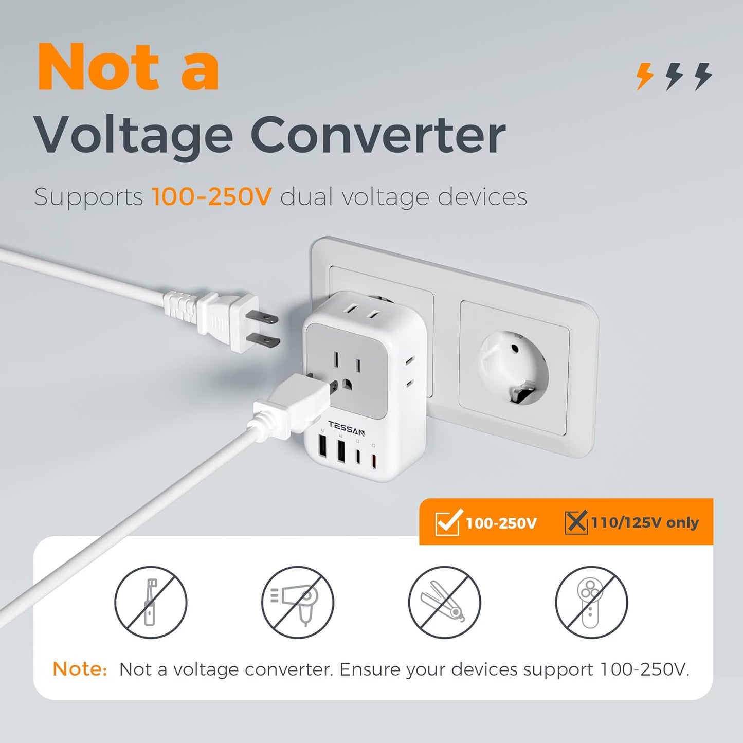 TESSAN European Travel Plug Adapter 2 Pack, PD 20W Adapter for Europe Plug | 4 AC Outlets, 4 USB (2 USB C), Type C Adaptor, US to Europe, Italy, Spain, France, Portugal, Greece, Iceland, Germany