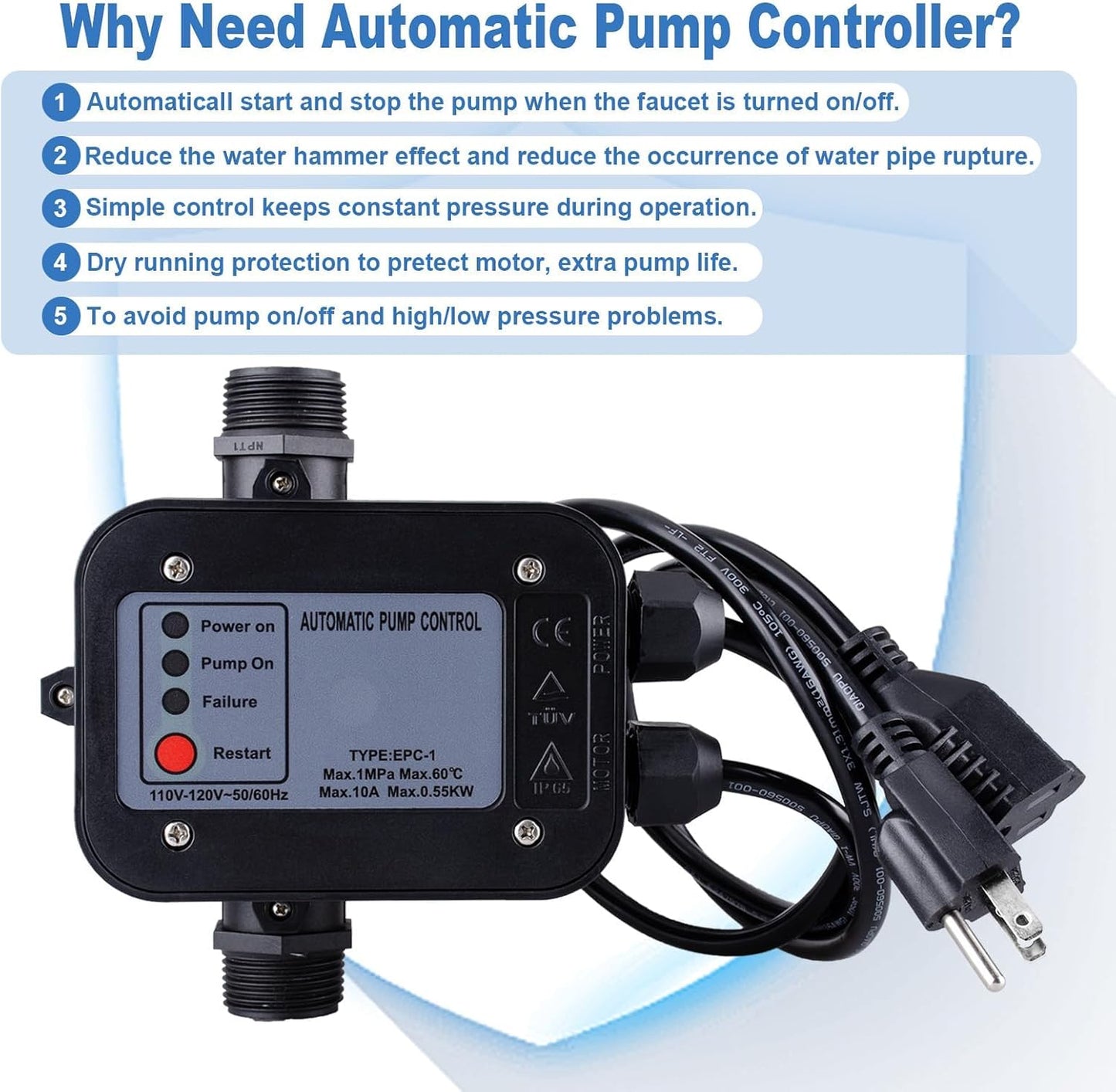 Smart Water Pump Pressure Controller - Automatic Electronic Switch, Adjustable Pressure Range 1.5-2.5bar, Easy Plug-and-Play, 110-120V, Ideal for Various Pump Types