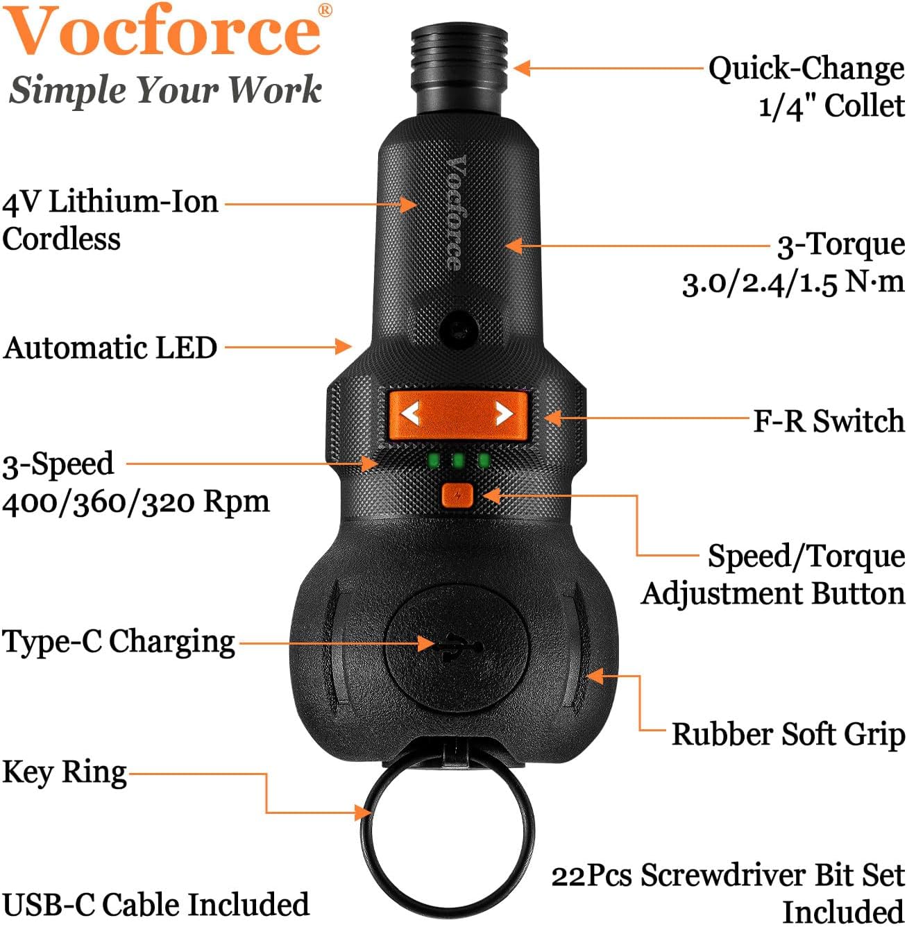 4V Electric Screwdriver Cordless Set, 5" Compact | 400RPM, USB C Rechargeable, 3-Speed, 3-Torque, 22PC Magnetic Bits, Dual LED Light for Tight Space Small Projects