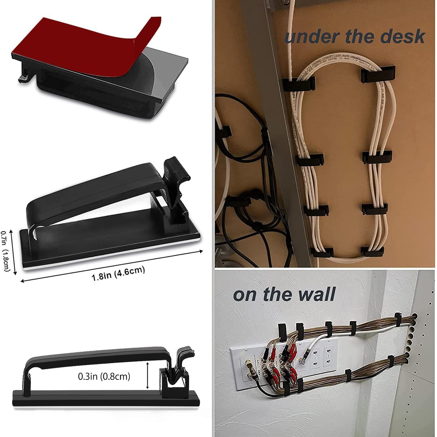 SOULWIT 50Pcs Self Adhesive Cable Management Clips - Black | for TV PC Ethernet Cable, Wall, under Desk Home Office