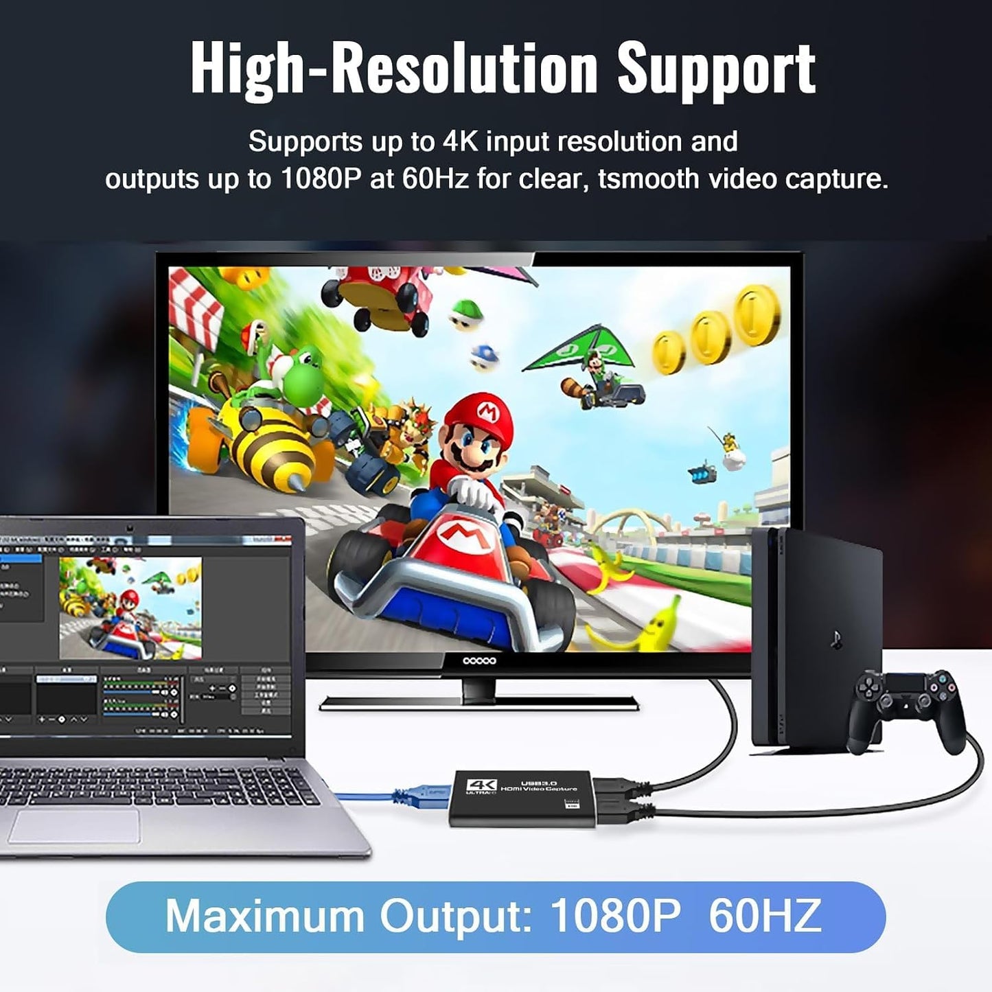 HDMI Video Capture Card 1080P 60FPS, USB 3.0 Game Capture Device | Compact & Portable for Streaming, Gaming, and Meetings, Compatible with Switch/PS4/PS5/PC/Laptop/OBS, Black