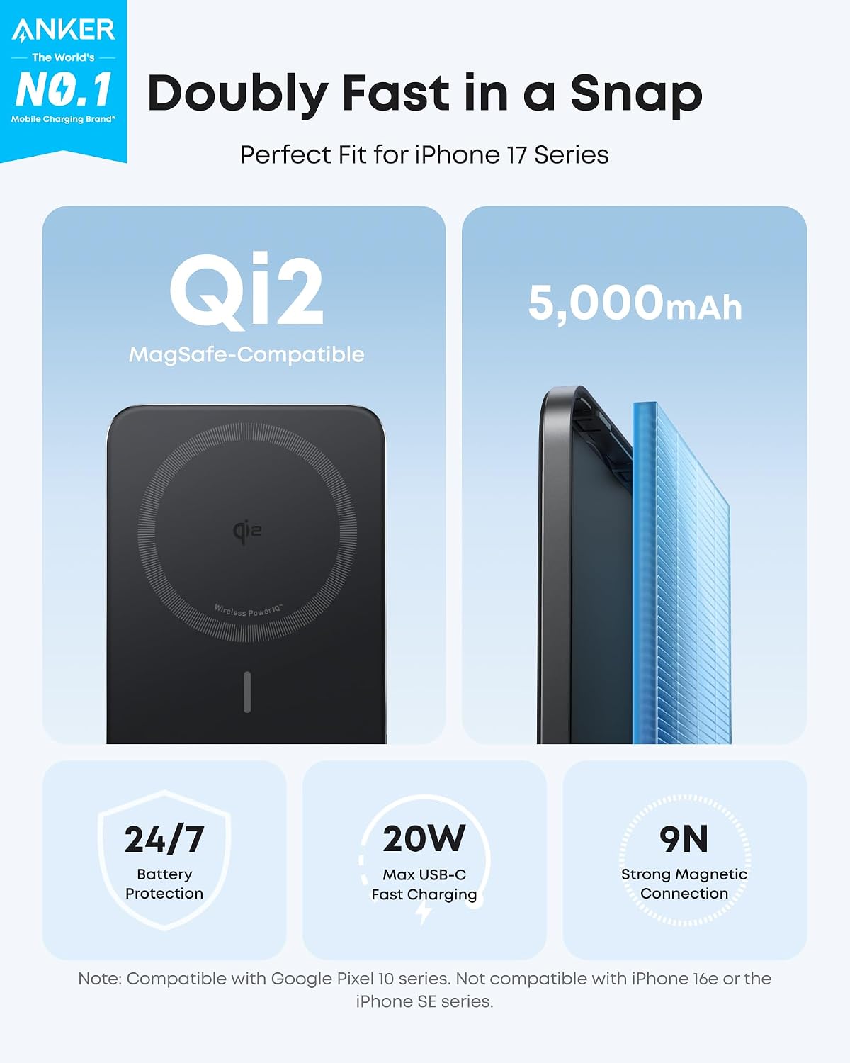 Anker Nano Magnetic Power Bank, 5,000mAh Qi2-Certified 15W Portable Charger | Ultra-Slim Wireless Battery Pack with Ergonomic Design, Compact for Travel, for iPhone 17 / 16 Series and More