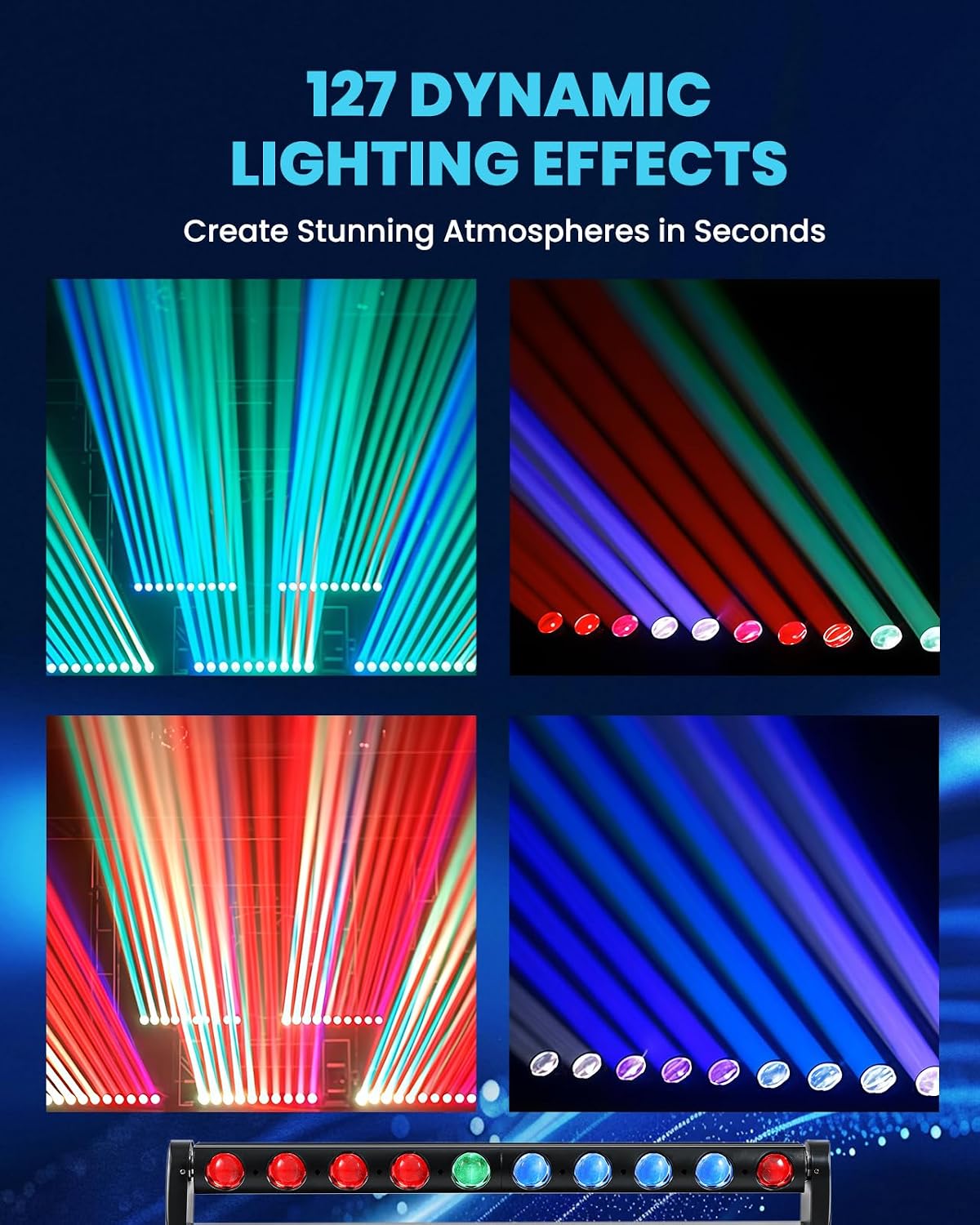 2 Pack 400W 10-Eye Moving Head Light Bars, 127+ Dynamic Effects, RGBW 4-in-1 Wall Washer Lights, DMX512 Sound-Activated DJ Stage Lighting for Wedding Party Theater
