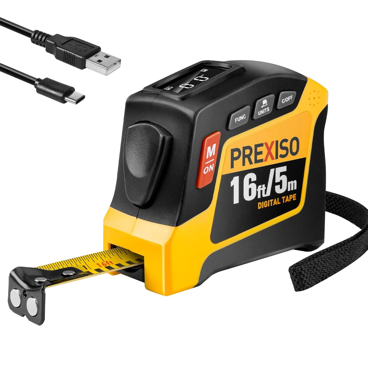 PREXISO 2-in-1 Digital Tape Measure, 16Ft Rechargeable Measuring Tape | Auto Lock Digital Measuring Tape Magnetic, Ft/Ft+in/in/M/CM/MM - Metric & Inch Measurement Tape Pythagorean, Area, Volume