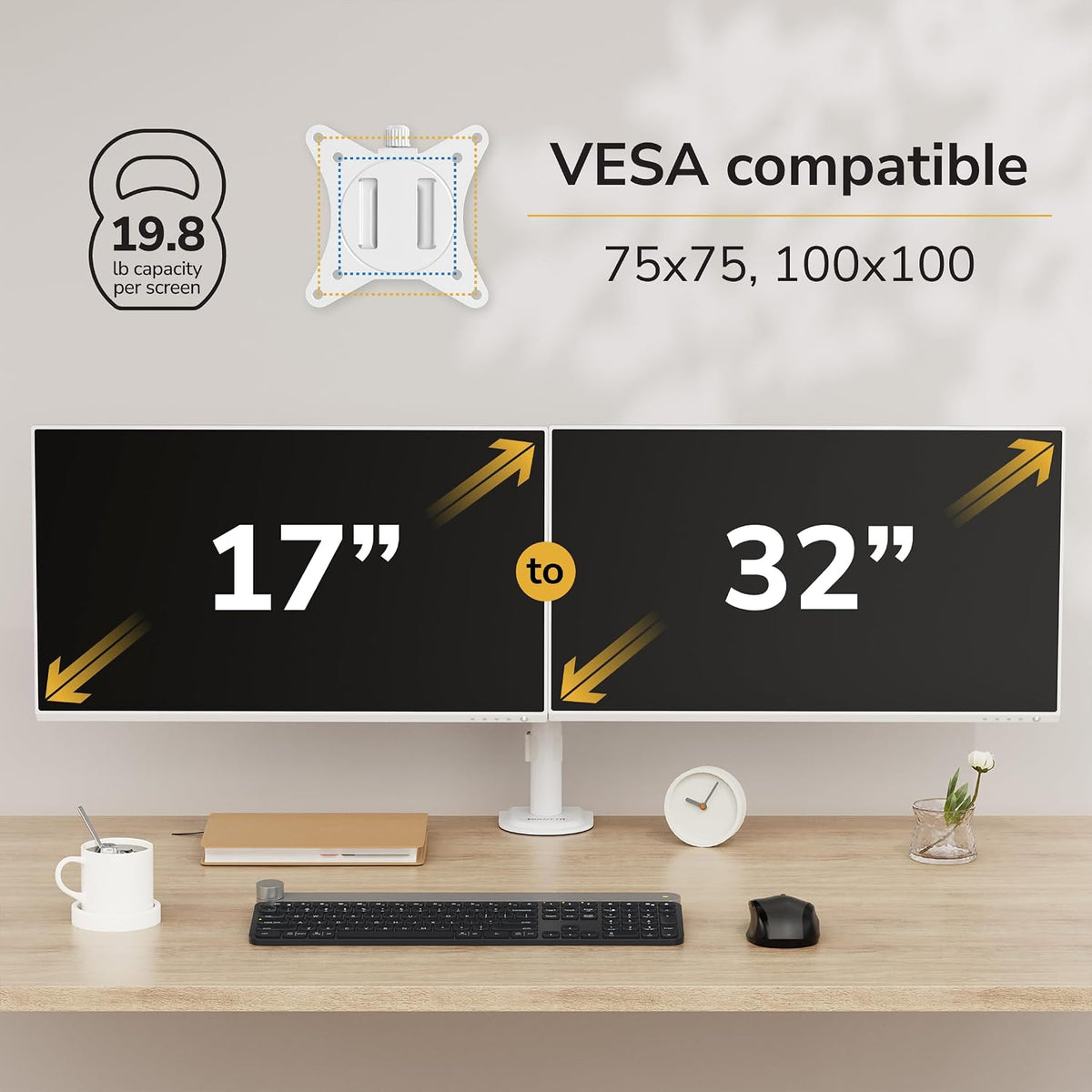 Mount-It Dual Monitor Mount for Desk, Full Motion White Steel 17-32 in | Desk Stand for 2 Monitors, 19.8 lbs per Arm, VESA 75x75 100x100, C-Clamp and Grommet, Cable Management, Height Adjustable