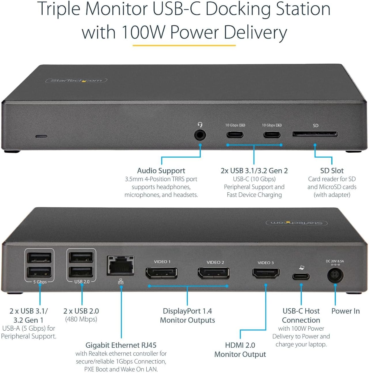 StarTech USB-C Triple 4K Dock with 100W PD, DP 1.4 DSC, 6-Port 10Gbps, GbE | Windows, Chrome, 2x DisplayPort 1.4, HDMI 2.0, SD 3.0 reader, 2x security K-Slots, Audio, Headset port