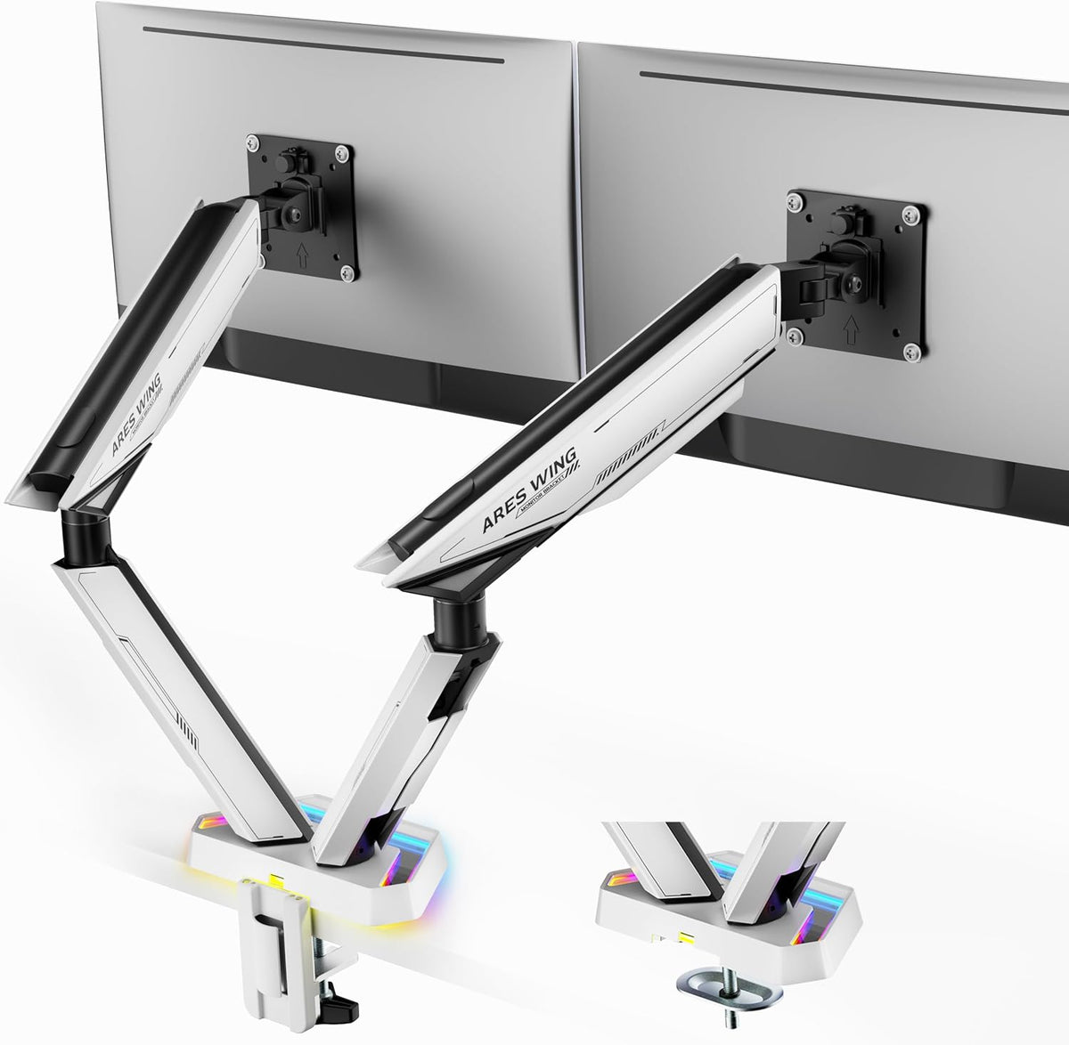 ARES WING RGB Dual Monitor Arm Desk Mount for 17-38 inch Monitors, Grey