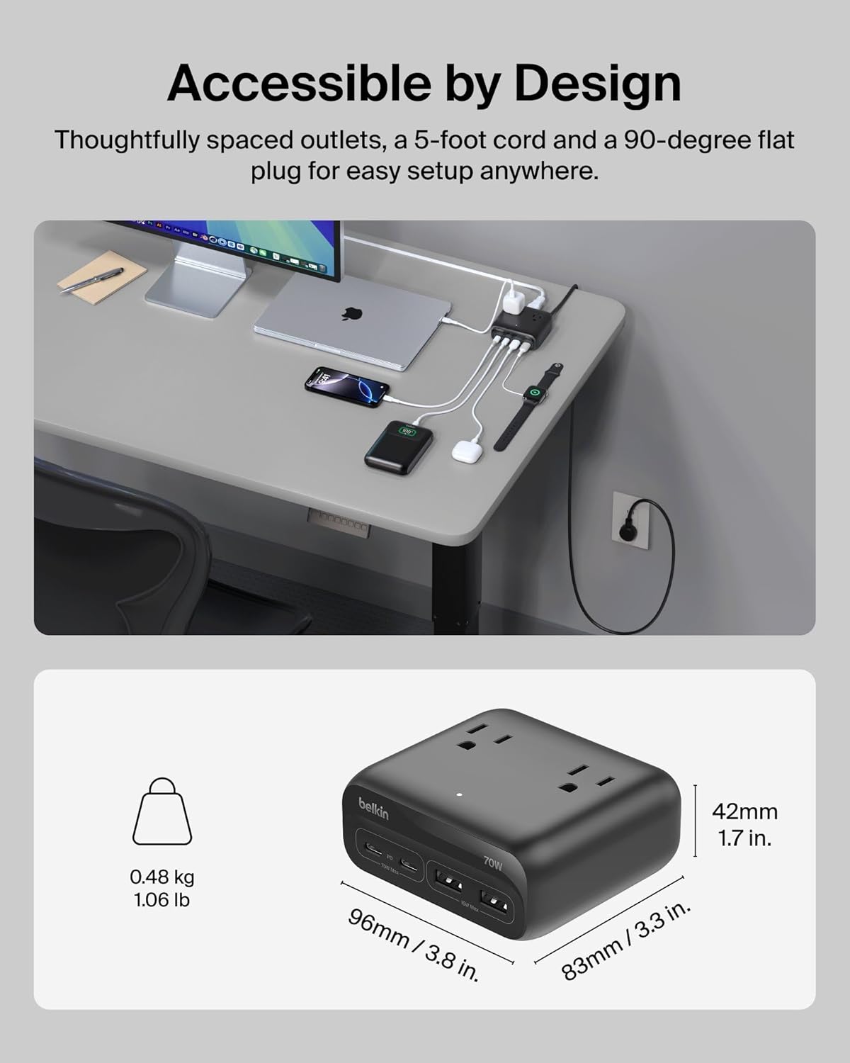 Belkin 70W GaN 7 in 1 Charging Station, 3X AC, 2X USB A, & 2X USB C Ports | Power strip, dual USB-C charger, iPhone 17/16/15, Apple Watch, iPad, MacBook, Samsung Galaxy S26, Pixel 10