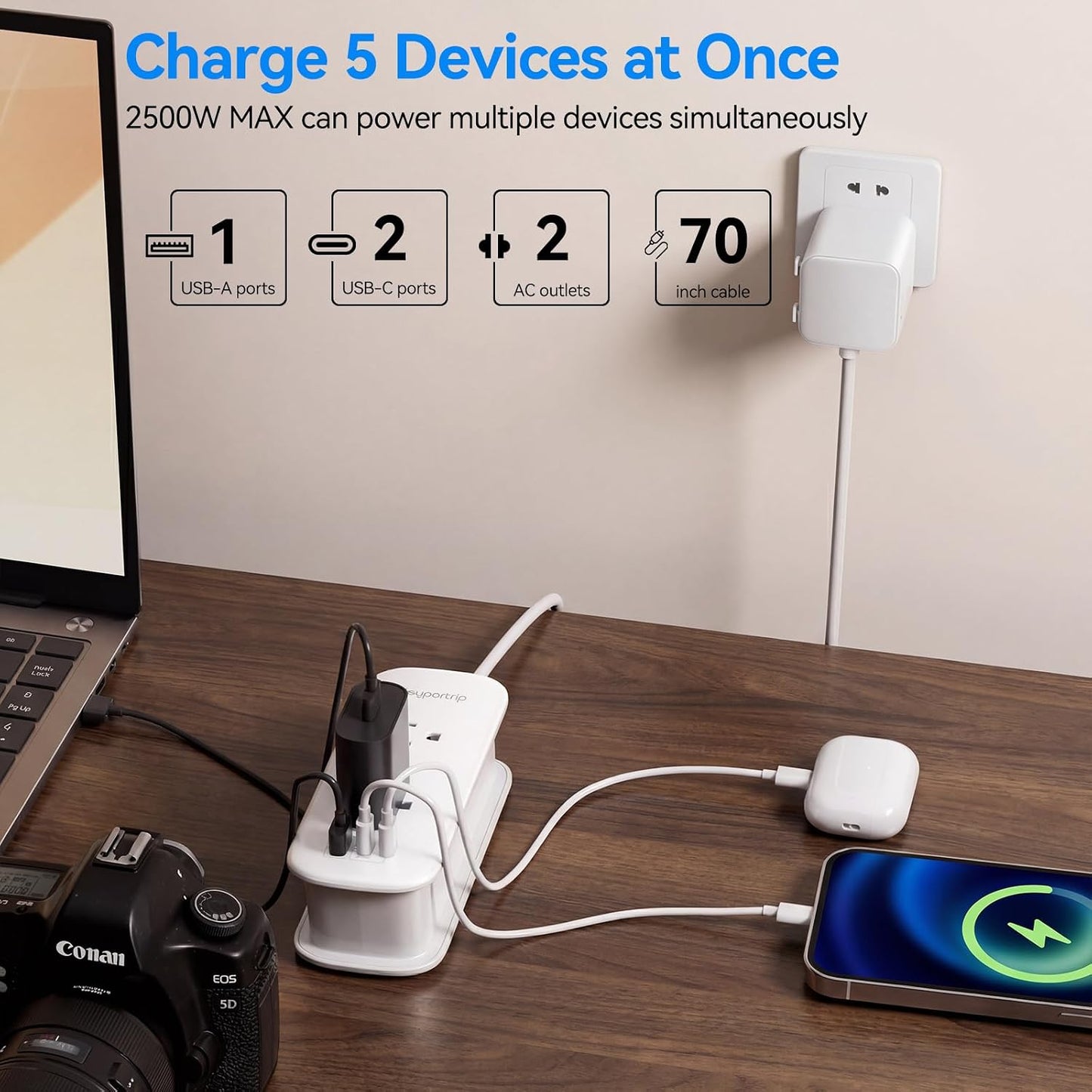 Universal Travel Adapter, PD 30W European Travel Plug Adapter with 2 USB-C & 1 USB-A Ports, International Power Adapter Fast Charging with 70in Power Cord for USA EU UK AUS
