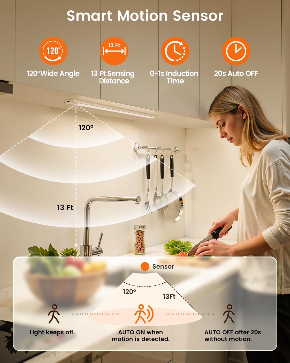 8 Inch Under Cabinet Lights, 41 LED Rechargeable Magnetic Motion Sensor Light Indoor, Brightness Dimmable 6000K Stepless Dimming Closet Light, for Under Counter, Kitchen, Stairs, Closet, 5 Packs