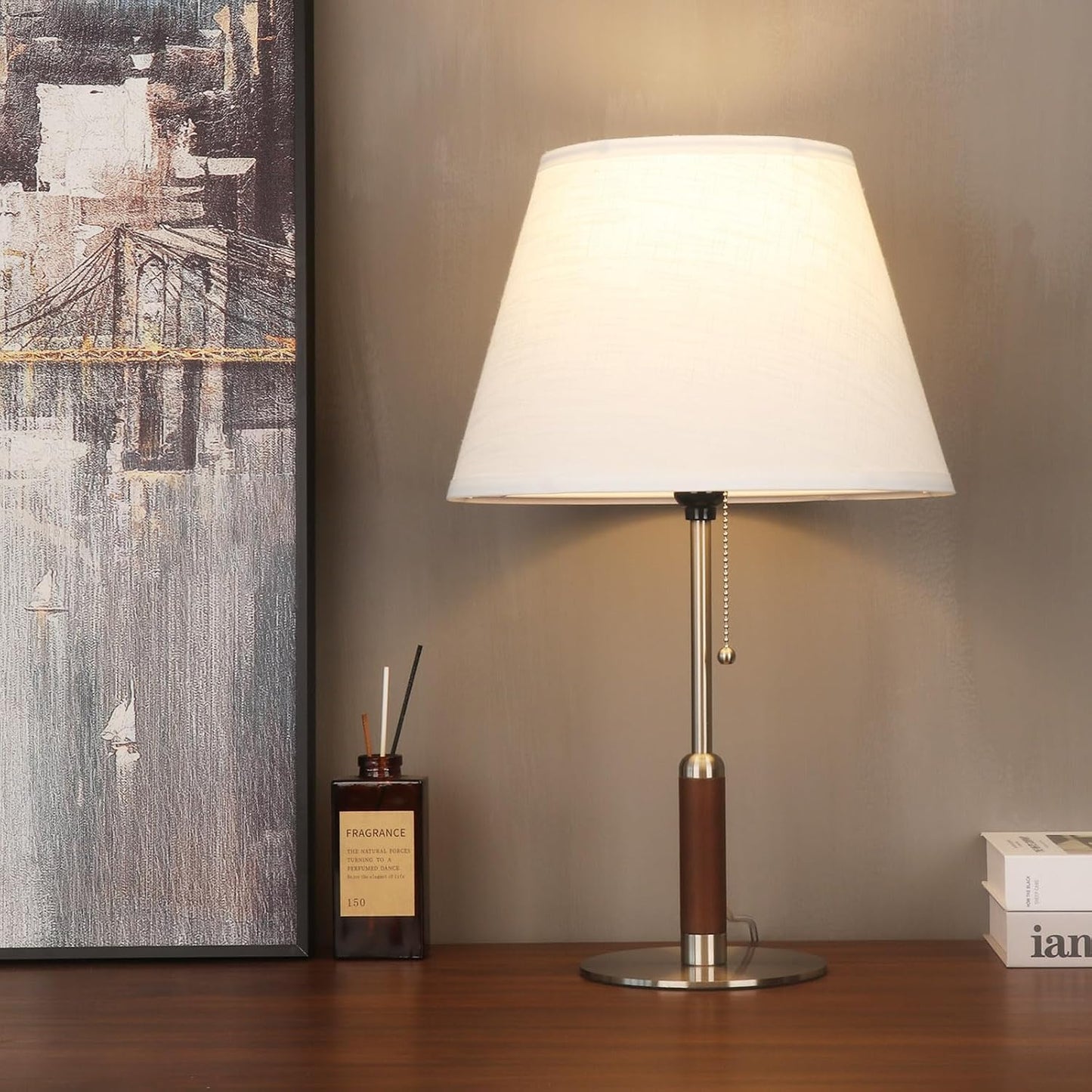 21" Modern Bedside Lamp Mid Century Table Lamp, Pull Chain Nightstand Lamp for Bedroom Living Room 3-Color Light, Solid Wood/Metal/Fabric for Home/Office/Desk Decor(Off White+Brushed Nickel)