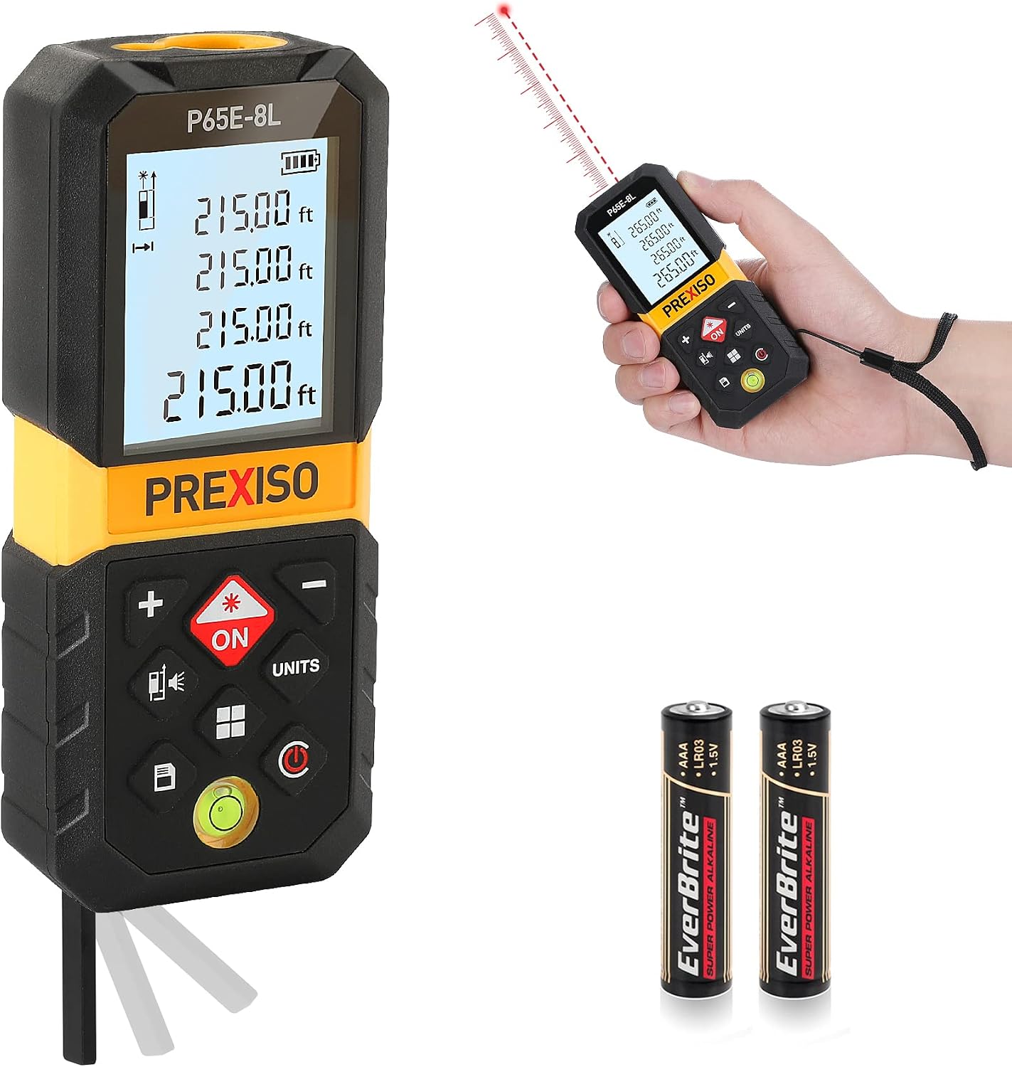 PREXISO Laser Measure, 215Ft Laser Measurement Tool with Diagonal Measuring | Medidor Laser Distance Meter Ft/Ft+in/in/M Units - Pythagorean Mode, Area, Volume -100 Sets Data Storage