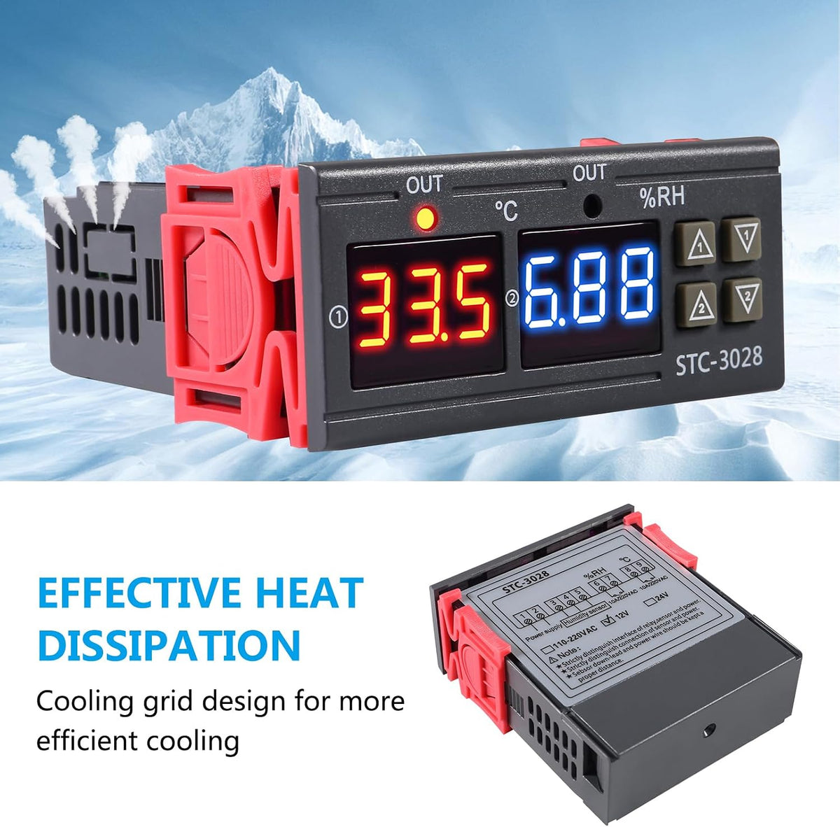 STC-3028 Temperature Controller 12V Temperature and Humidity Controller Meter with Integrated Sensor Dual Digital Display Thermometer Hygrometer Incubator Controller