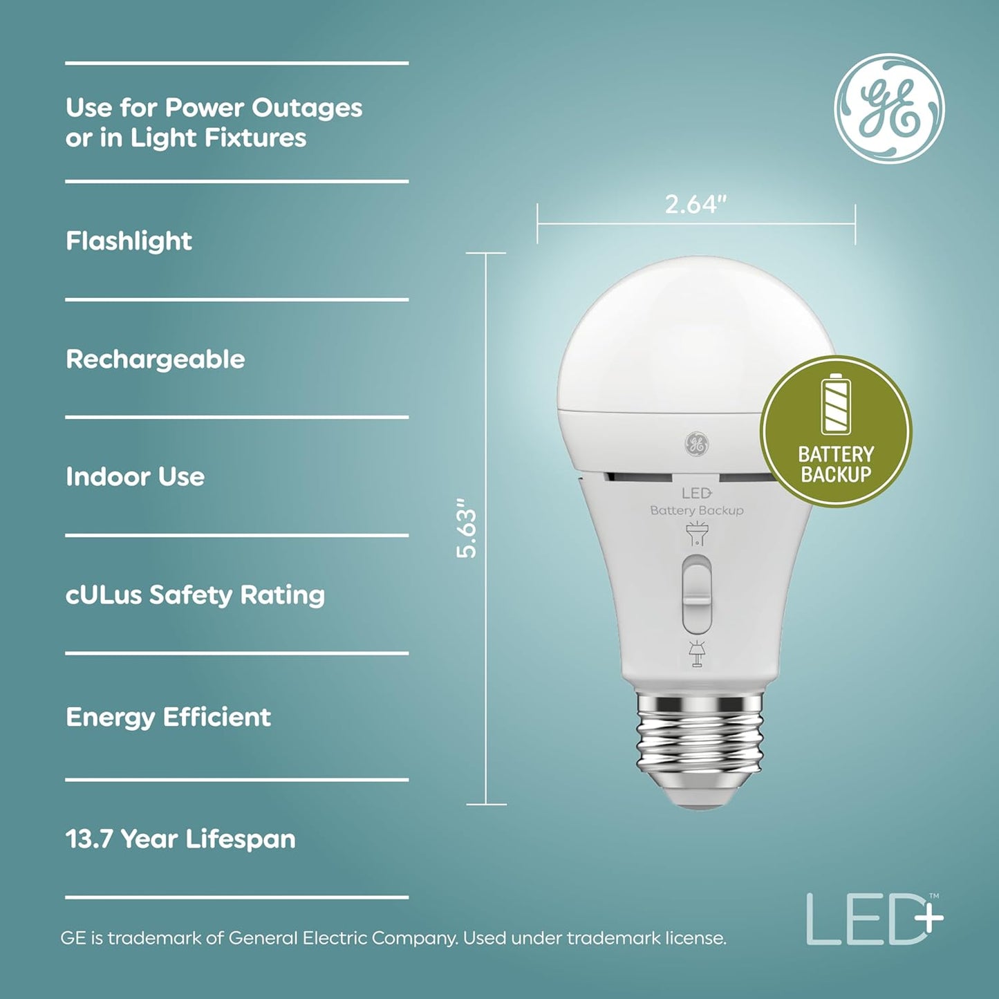 GE LED+ Battery Backup Emergency Light Bulbs A21, 3 Colors, 2 Pack | Stays on during power outages, built-in rechargeable battery, 3 color temperatures, A21 LED, flashlight mode, emergency ready