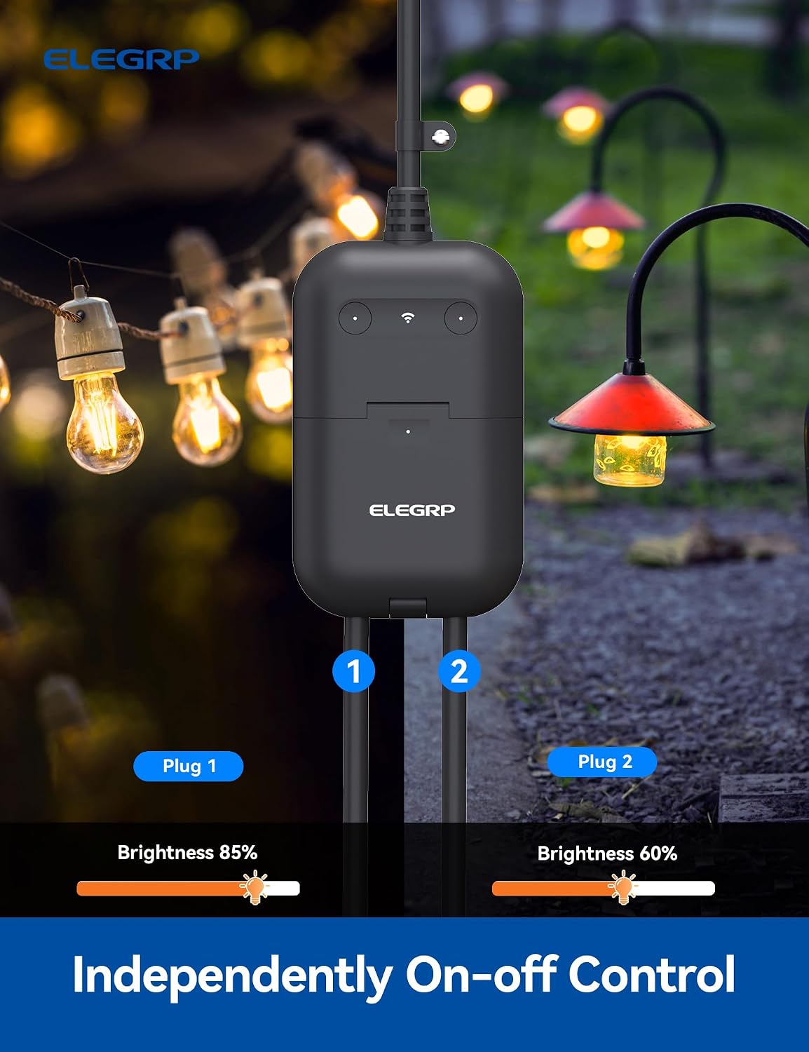 ELEGRP PQR22 Outdoor Smart Dimmer Plug Waterproof IP66, Smart WiFi Plug with 2 Individually Sockets, Compatible with Alexa & Google Assistant, Outdoor Dimmer for String Lights, UL Listed, 2 Pack