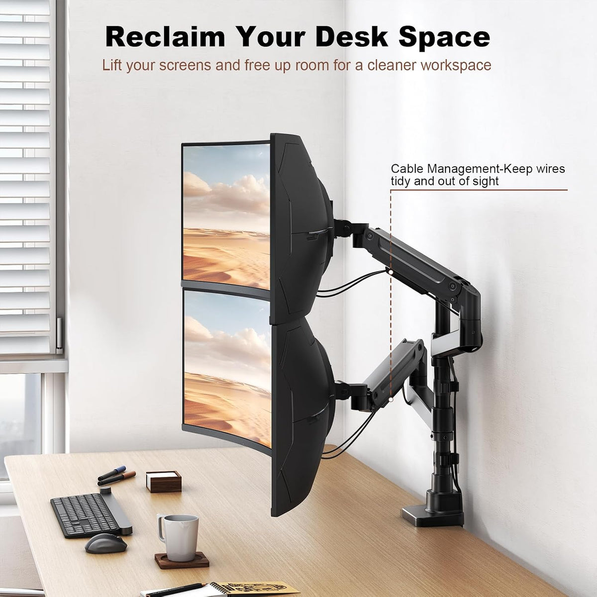 Heavy Duty Dual Monitor Arm for 17-49" Screens, Vertical Stack, 44lbs