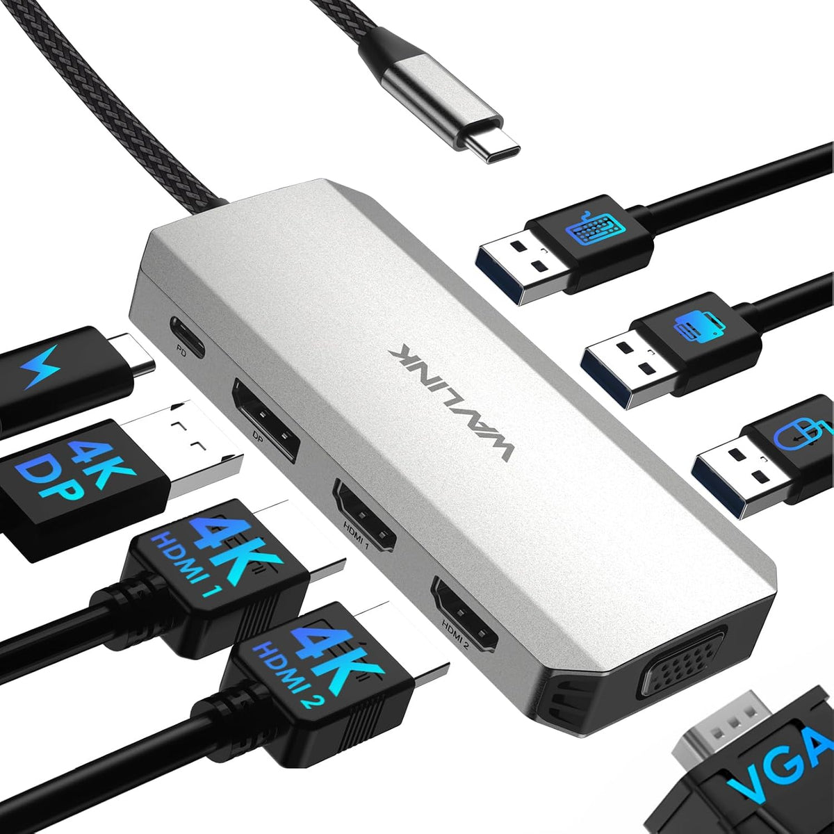 WAVLINK Laptop Docking Station, Quad Monitors, Dual HDMI, DisplayPort, VGA