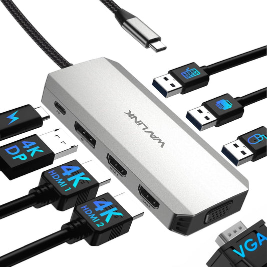 WAVLINK Laptop Docking Station, Quad Monitors, Dual HDMI, DisplayPort, VGA