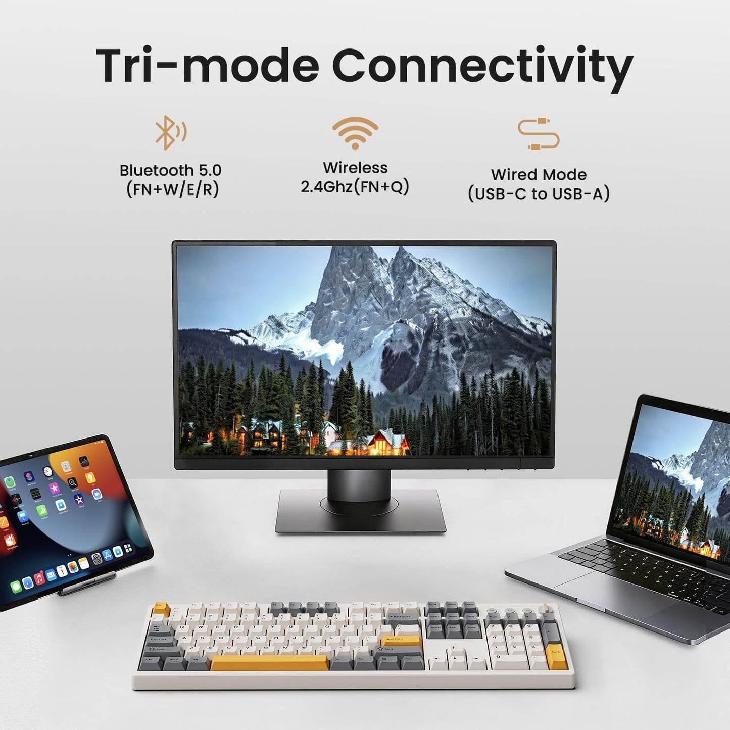 Kisnt KN104 Wireless Mechanical Keyboard for Office& Gaming | 100% Full Size with numpad, Bluetooth/2.4GHz/USB-C, Custom RGB, Hot-Swappable, Knob Control, Creamy Sound with Linear Switch