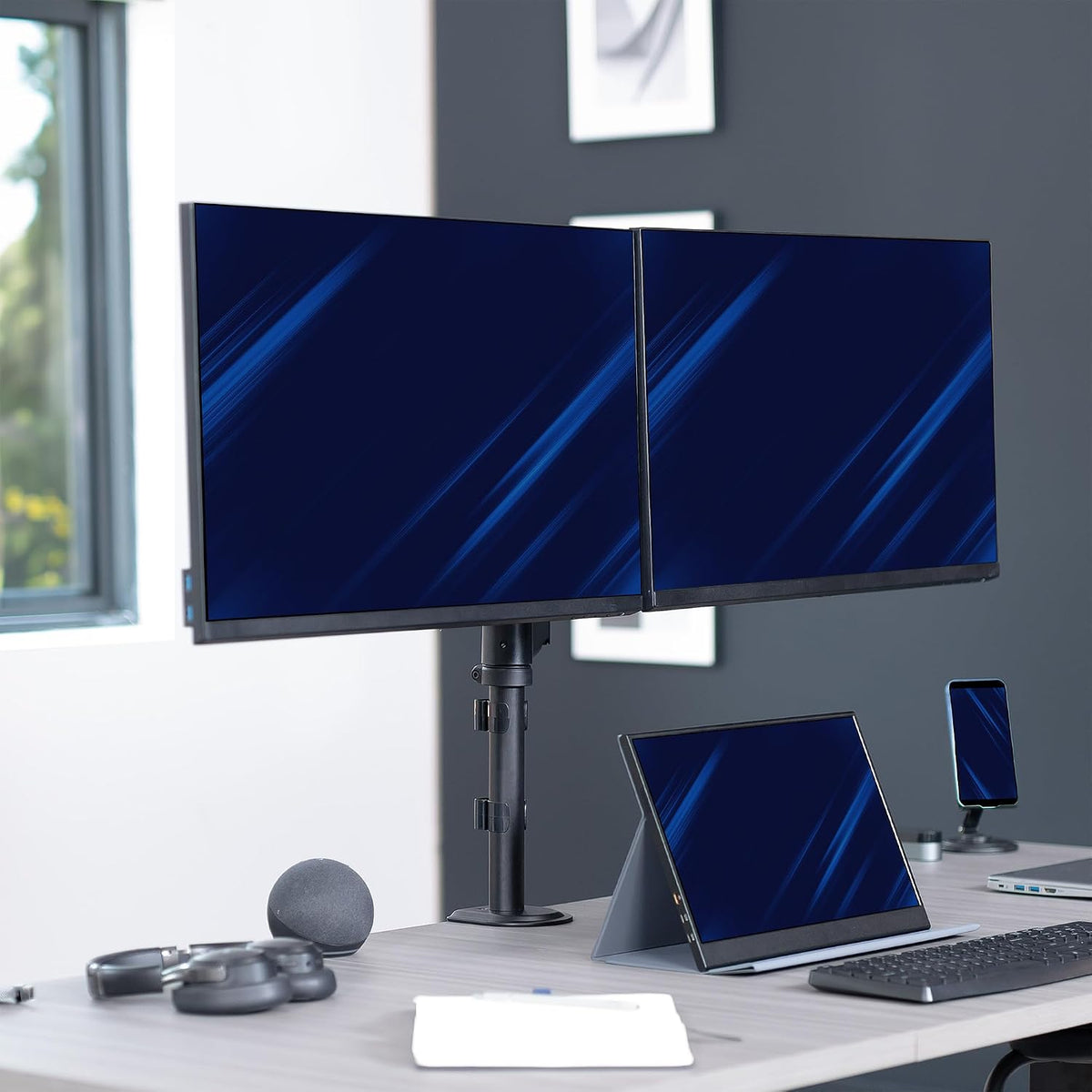 VIVO 17 to 32 inch Dual Mechanical Monitor Mount, 2 Tension Spring Arms, Adjustable Swivel, Rotation, Heavy Duty VESA Desk Stand with C-clamp, Grommet, Max VESA 100x100, Black, STAND-V002K