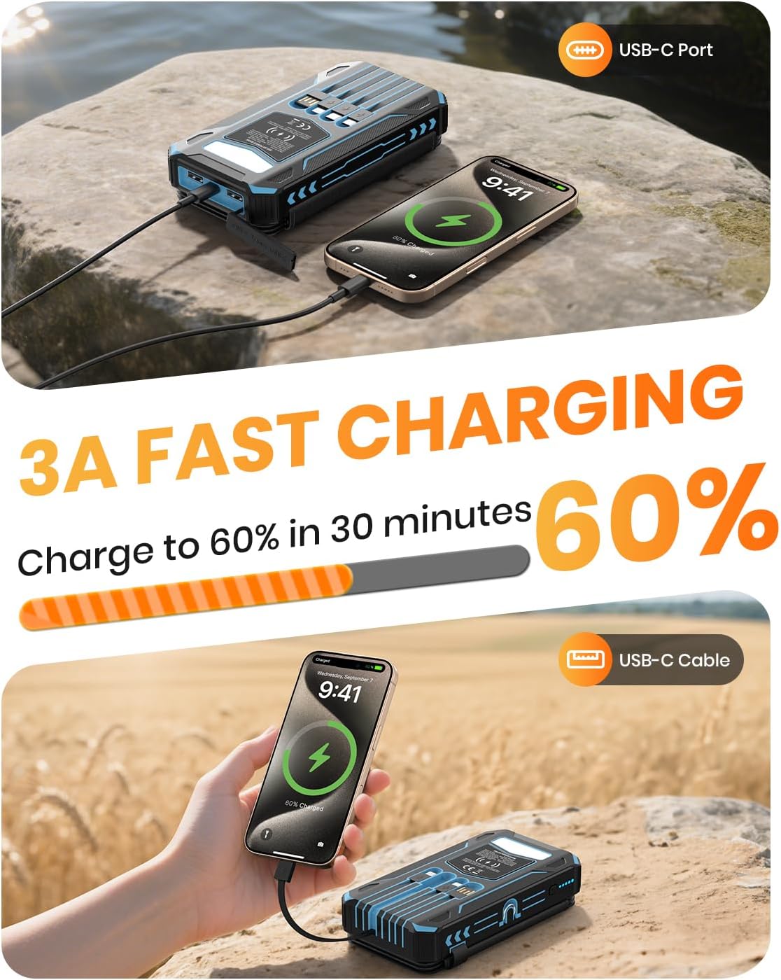 SOARAISE Solar Power Bank 48000mAh Wireless Battery Pack with 4 Cables | Solar Charger with 4 Solar Panels, Built in 4 Cables, PD QC 3.0 Fast Charging, Flashlight for Camping Travel, Rugged Design
