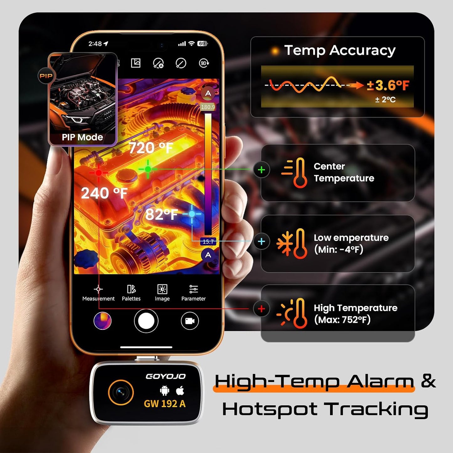 GOYOJO Thermal Imaging Camera for Android/iphone 15/16/17 iOS Series 192x192 IR Resolution– Water Leak Detection HVAC Electrical Plumbing, Automotive Repair, Home Inspection, DIY-USB-C Infrared Imager