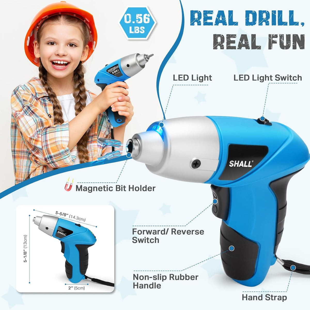 SHALL 47-Piece Kids Real Cordless Power Drill Set, Safety Certified Electric Screwdriver W/Screwdriver Drill Bits, Socket, Flexible Shaft, Carrying Case, DIY Construction Tool Kit for Children Age 8+