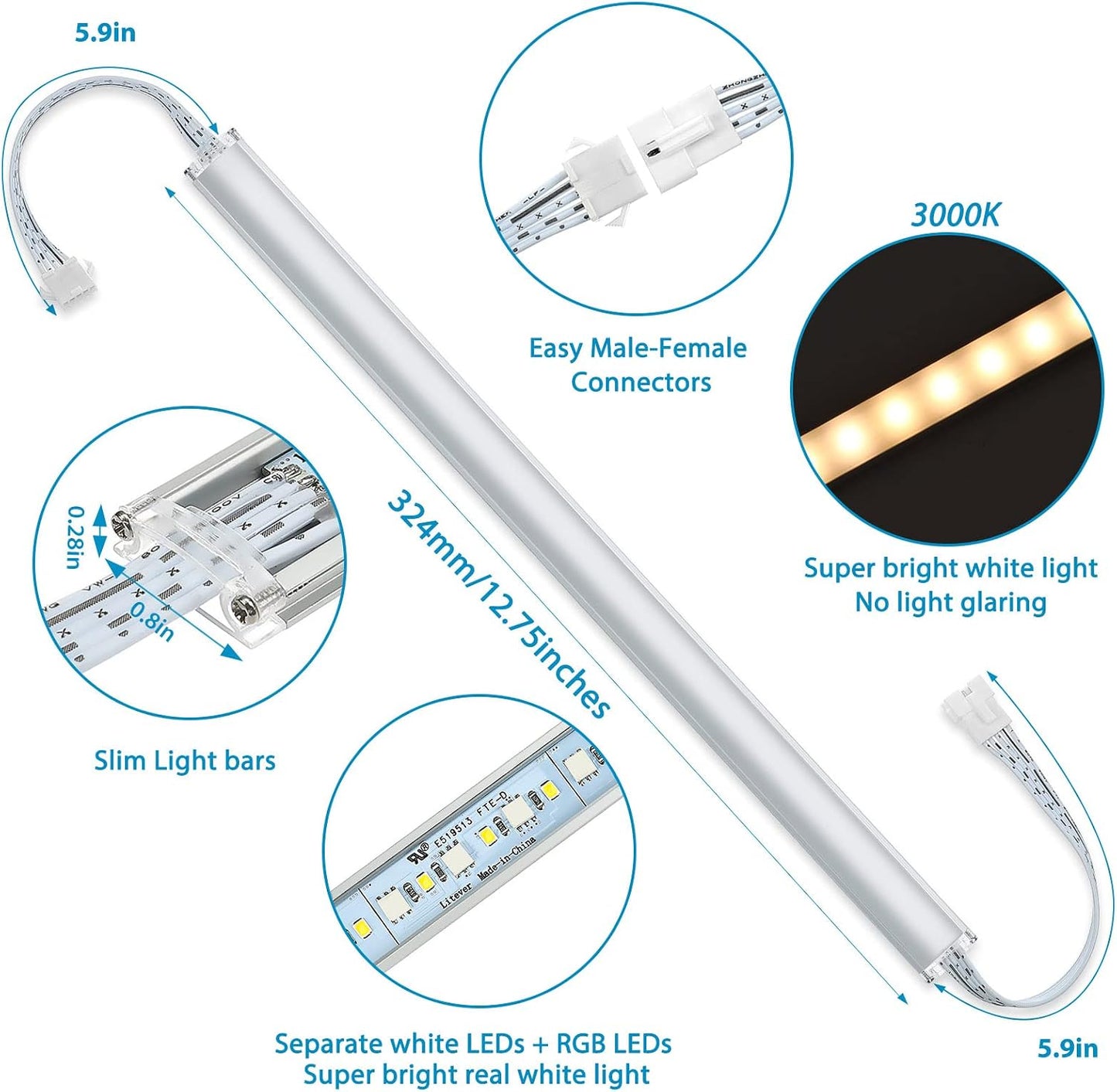 Under Cabinet LED Lighting Kit. RGB Color & Bright Warm White Light. | Slim Linkable LED Light Bars with Power Adapter, Controller, Extension Cords. Max 24W. Dimmable. Plug in. RGB + 3000K.