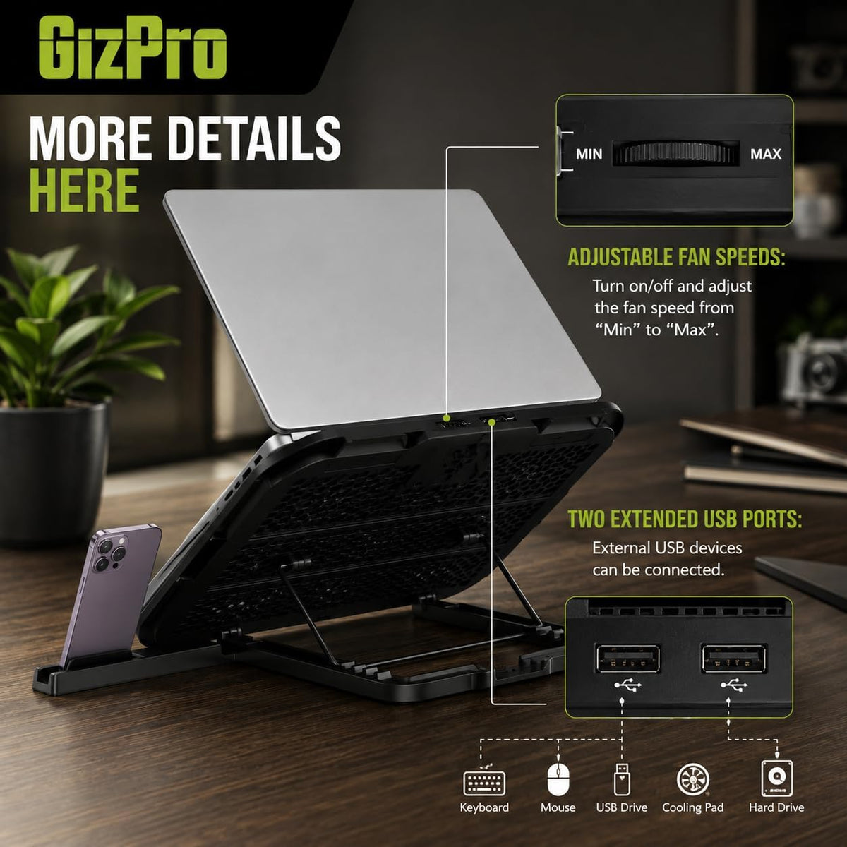 Laptop Cooling Pad with 3 Quiet Fans, 5-Level Height Adjustable Ergonomic Stand, 2 USB Ports & Phone Holder, Fits 12-17 Inch Laptops, Family-Friendly for Gaming/Work/Online Class