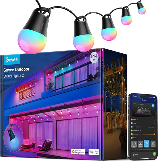Govee Smart Outdoor String Lights 2, 144ft RGBIC Patio Lights with 45 Bulbs | Dimmable Warm White LED Bulbs, IP65 Waterproof, 47 Scene Modes for Backyard, Balcony, Work with Alexa, App Control