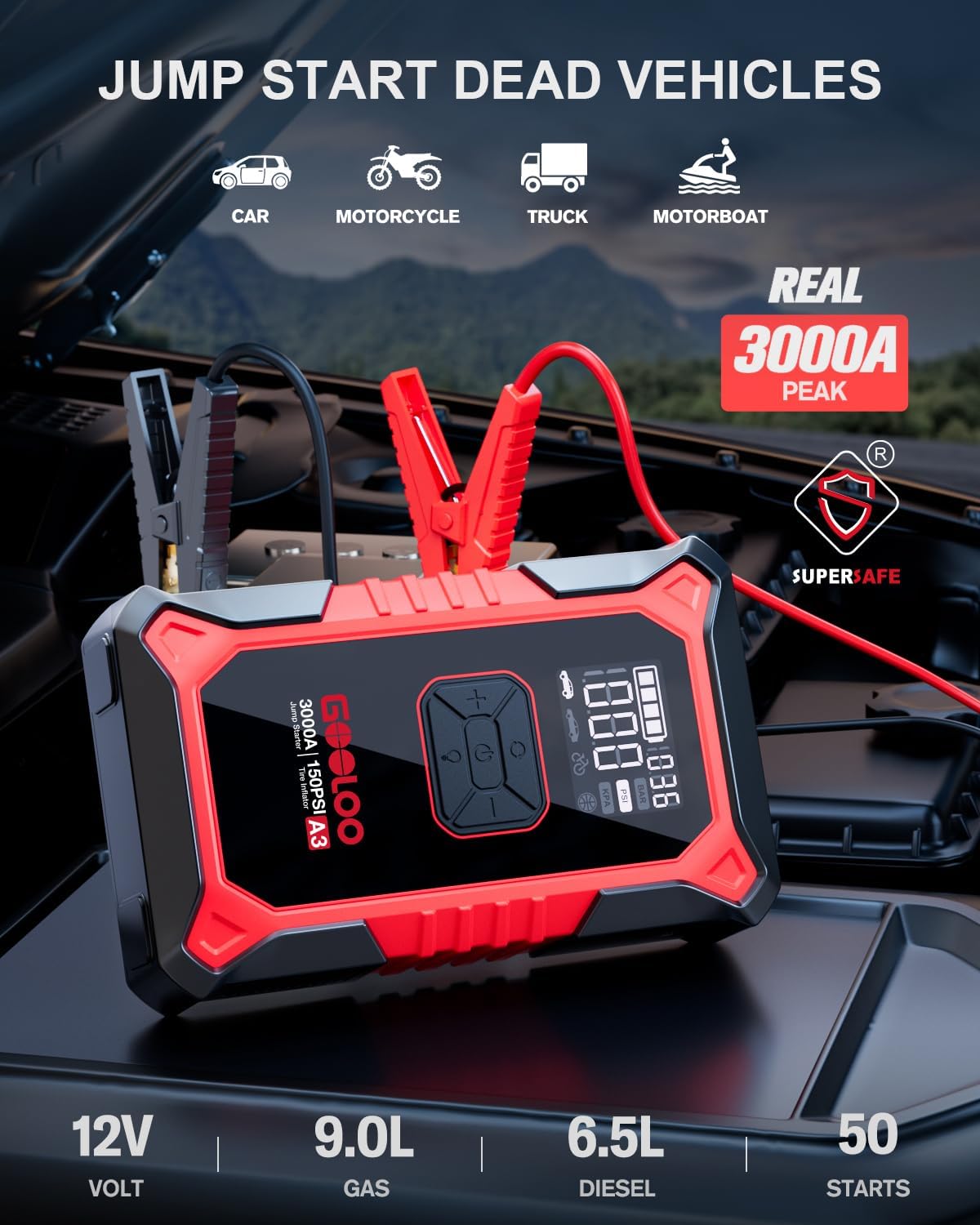 GOOLOO A3 12V 3000A Portable Jump Starter with Air Compressor | Supersafe Car Battery Booster Pack (9L Gas/6.5L Diesel) - BOOST for Dead Battery - 150 PSI Auto-Off Tire Inflator - LED Light