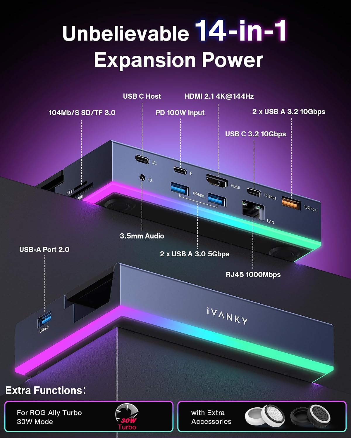 iVANKY 14-in-1 RGB Docking Station for ROG Xbox Ally X(2025), 4K@120Hz | Compatible with Steam Deck OLED/Lenovo Legion GoS,10Gbps USB3.2, SD/TF Slots, 1Gbps Ethernet,100W Charge, Foldable