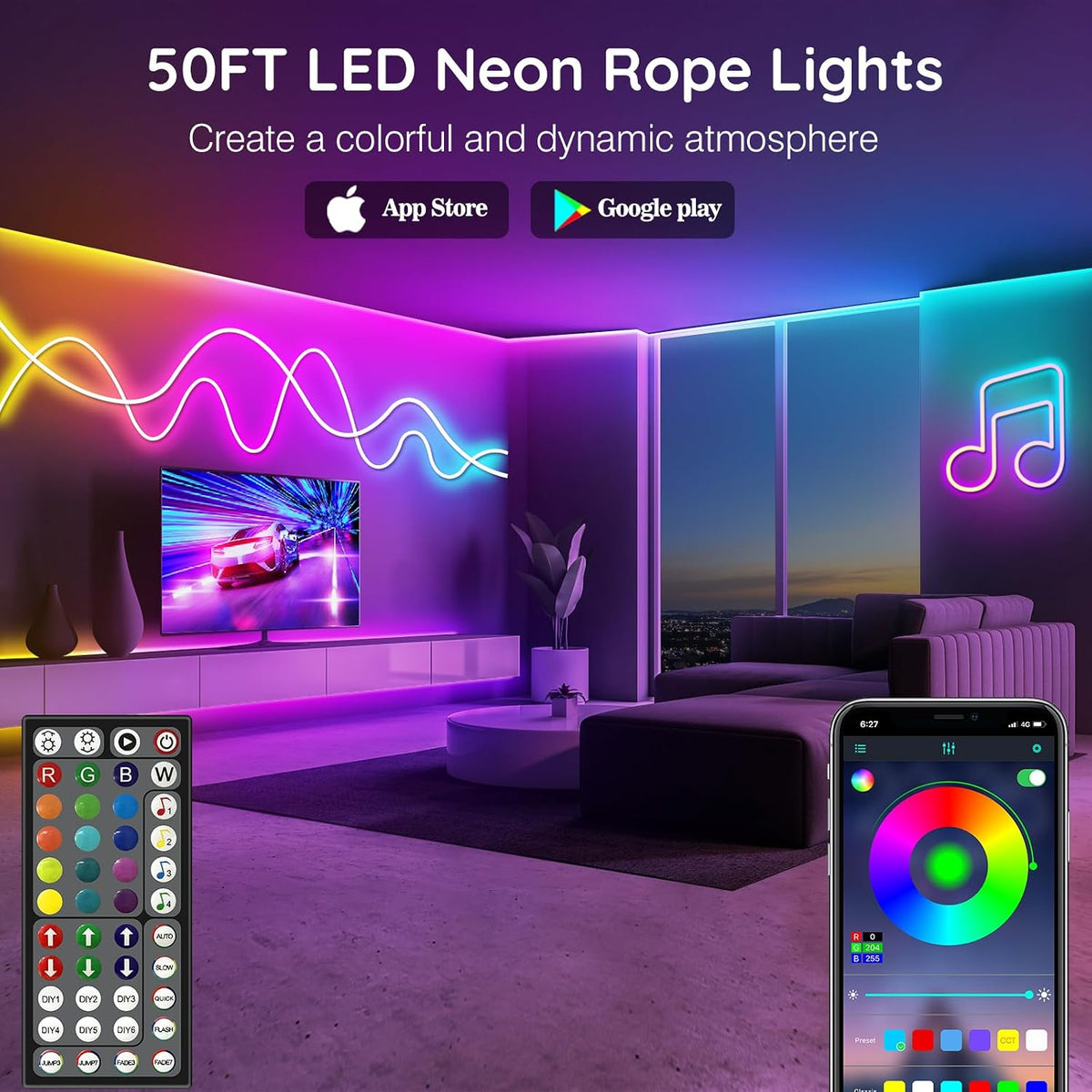 50Ft Neon Rope Lights,Flexible Led Rope Lights Control with App/Remote,Multiple Modes Rope Lights,IP65 Outdoor RGB Led Neon Lights Waterproof,Music Sync Gaming Led Neon Light Strip for Bedroom Decor