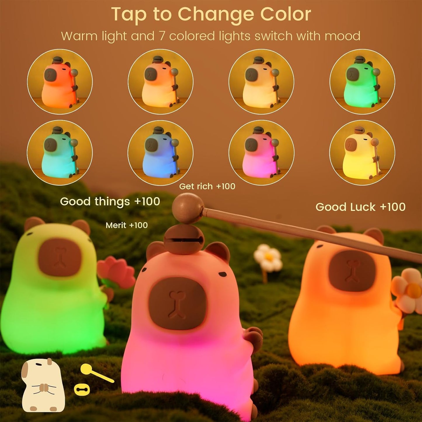 Capybara Night Light, 7-Color RGB, 3-Level Dimmable, Rechargeable | Cute Silicone Capybara Night Light, 7-Color RGB, 3-Level Dimmable, Touch Lamp, Rechargeable, 30-Min Timer, Gift for Kids