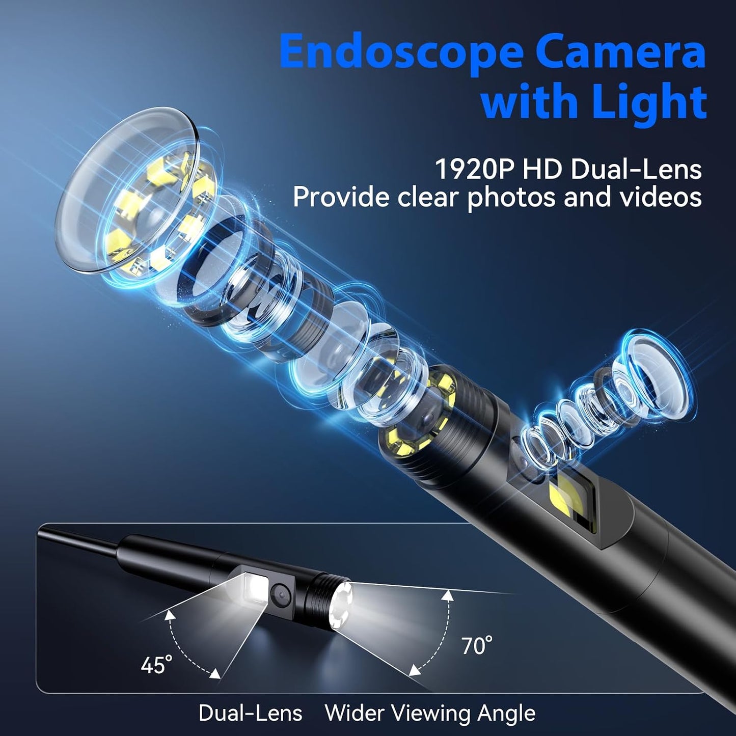 Endoscope Camera with Light, Dual-Lens 1920P HD Borescope Tools with 8+1 Adjustable LED Lights, 16.4FT Semi-Rigid Snake Cord IP67 Waterproof Inspection Camera for iPhone, iPad, iOS and Android Phone