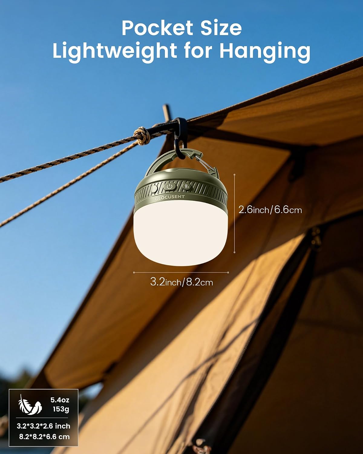 Glocusent 400H Camping Lantern, 5000mAh Rechargeable Lantern, Solar Pocket | Led Camping Lantern with 5 Brightness 3 Modes, IPX5 Waterproof, Pocket Lanterns for Power Outages, Emergency Light, Camping
