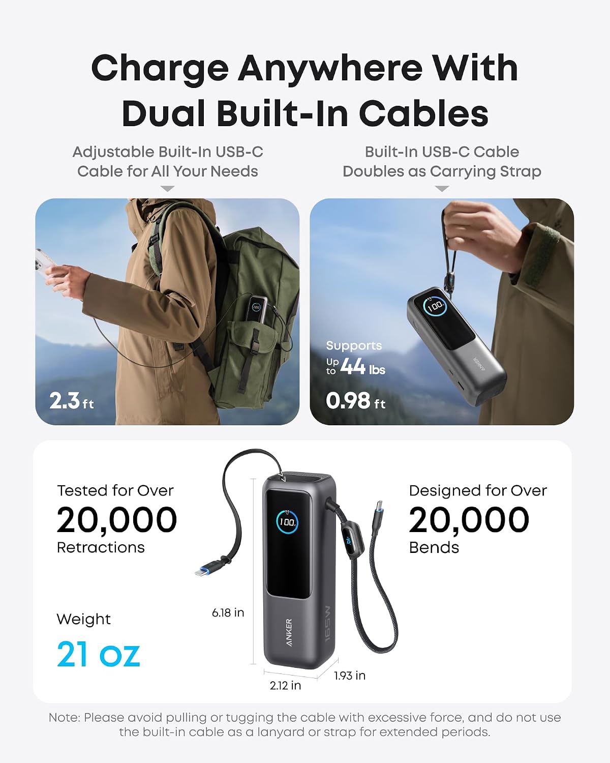 Anker Laptop Power Bank, 25,000mAh Travel Essential with 165W Total Output | 3 USB-C Ports with 100W Max Each, Built-In Retractable Cables, Flight-Ready, for iPhone 17 Series ,MacBook, and More