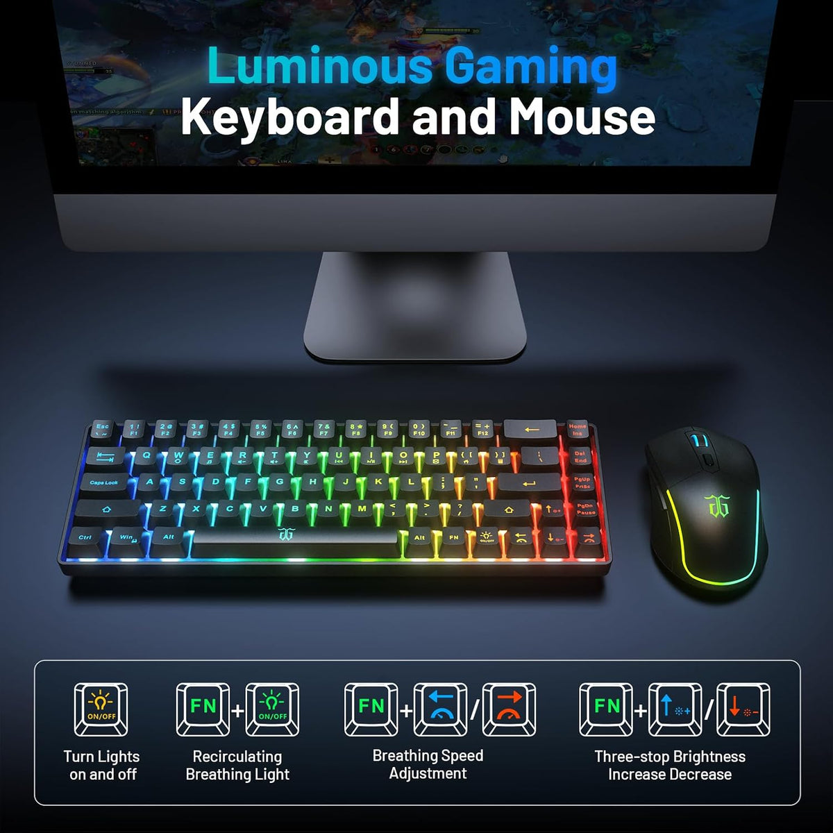 Snpurdiri 60% Wireless Gaming Keyboard and Mouse Combo, Black | LED Backlit Rechargeable 2000mAh Battery, Small Membrane Gaming Keyboard + Popular RGB Mice for Gaming, Business Office