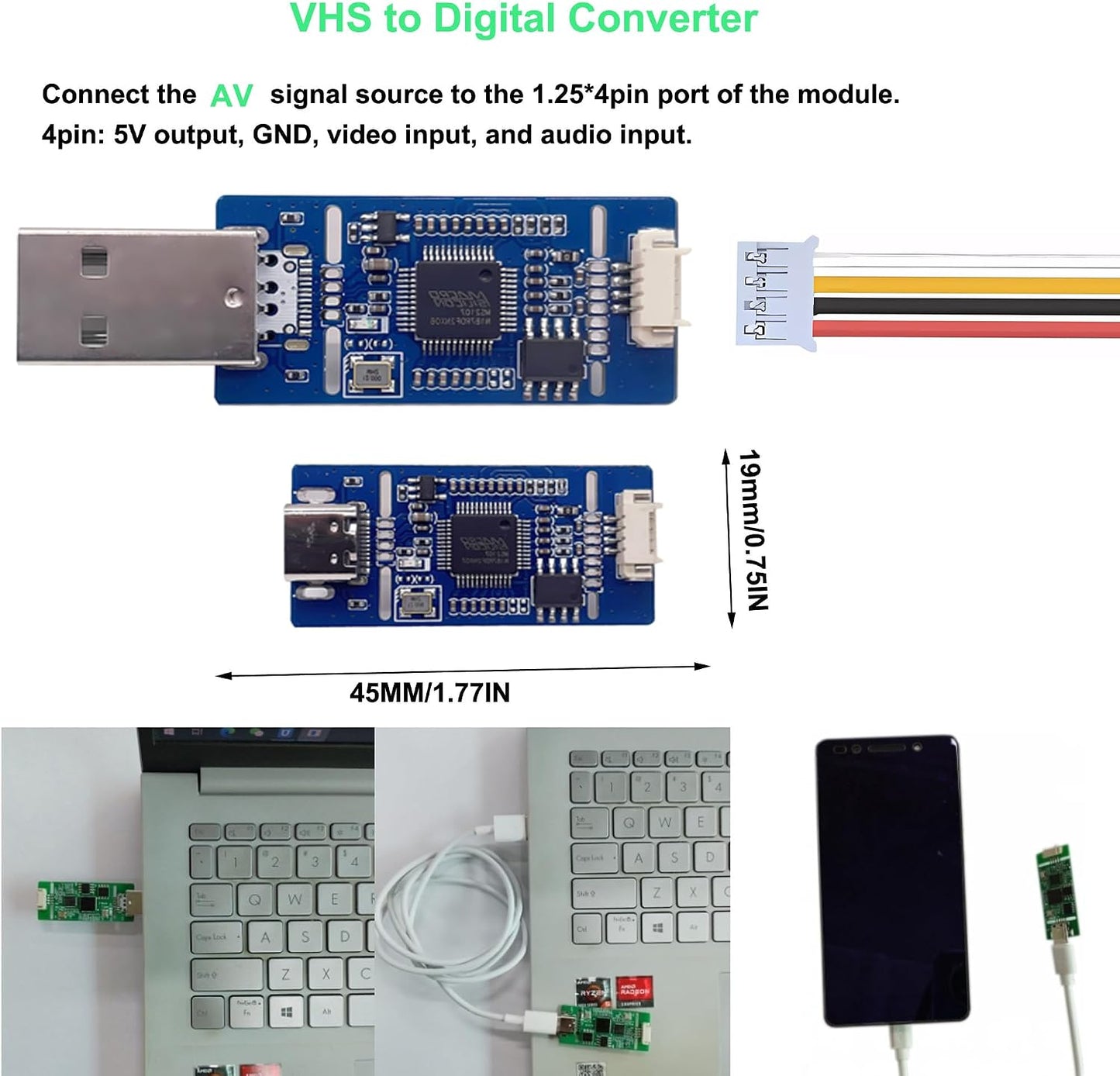 VHS to Digital Converter, RCA to USB-A Video Capture Card for VCR Hi8 DVD | AV/CVBS Capture Card 1080P30/720P60, Plug-and-Play for VHS, VCR, DVR, DVD, Hi8, Mini DV, Camcorder &amp; Tape Recording