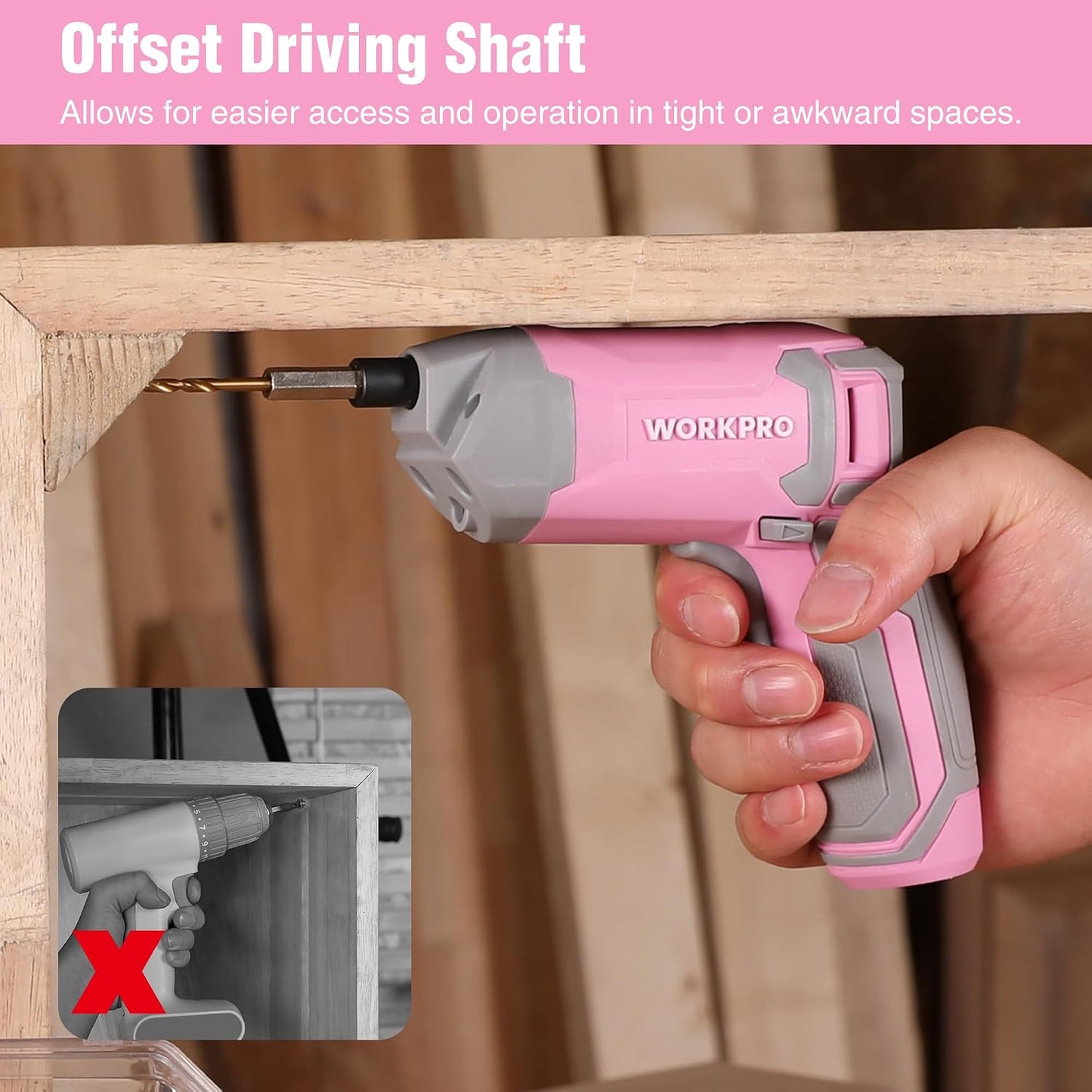 WORKPRO Pink Cordless Screwdriver Set, Rechargeable Eccentric Screwdriver | 3.6V Screwdriver Kit Set with 24Pcs Bits, Delay-off LED Light, 2000mAh High-Capacity Battery, Carrying Case Included