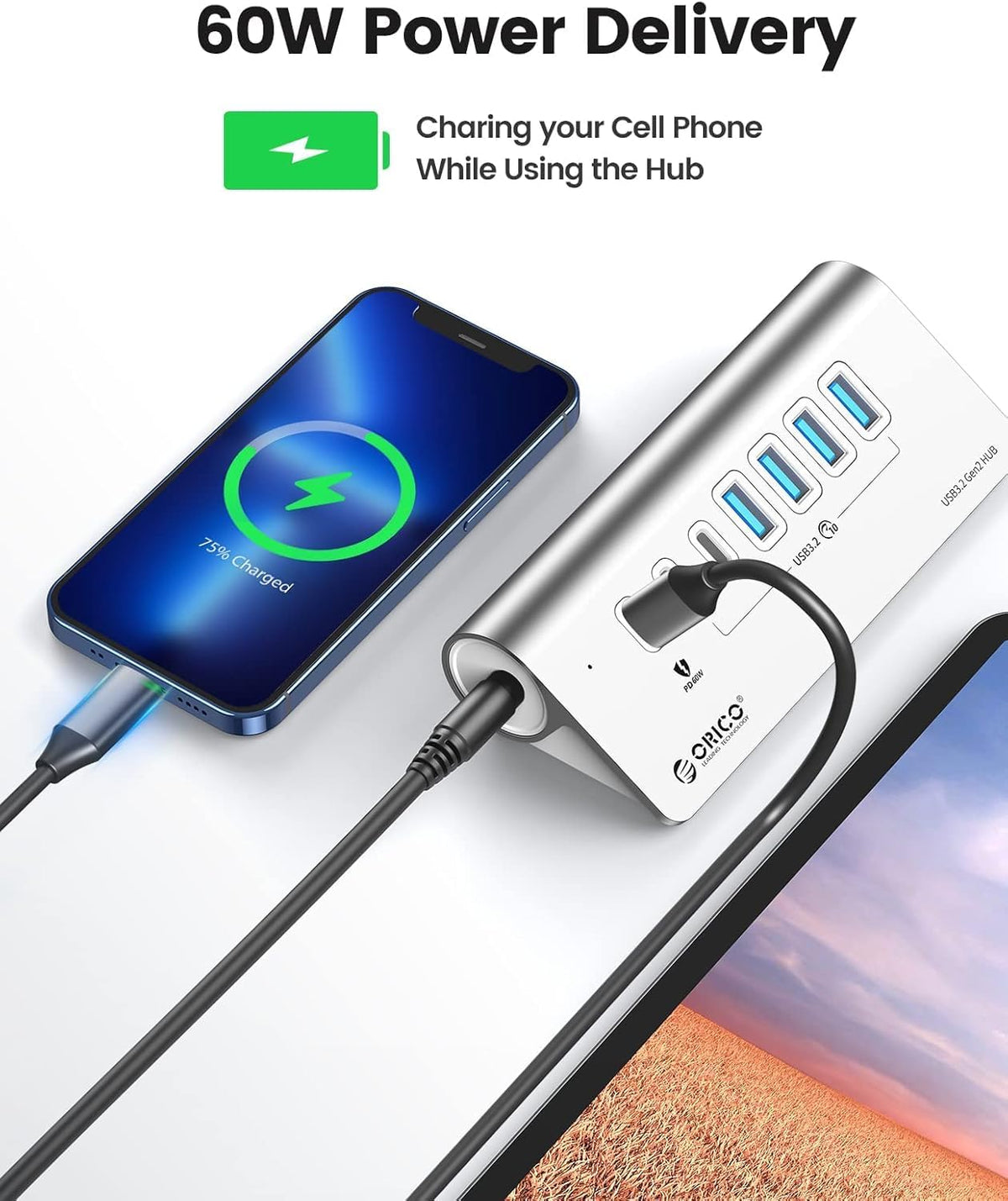 ORICO 7-Port USB 3.2 Gen2 Hub, Powered USB 3.2 Hub with 4 USB-A, 2 USB-C, PD 60W, 72W Power Adapter, 10Gbps Aluminium USB-Splitter with 3.28Ft USB-C to USB-C Cable for iMac, MacBooks, Mac mini