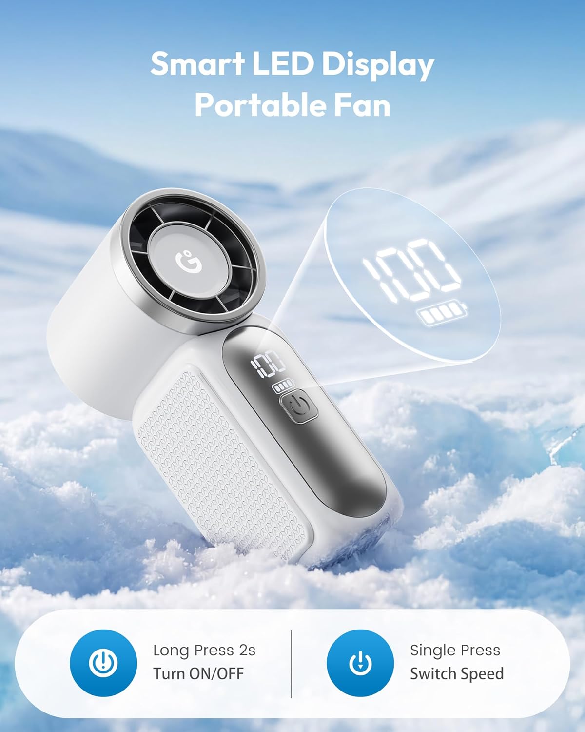 Gaiatop Portable Handheld Mini Fan, 6 Speeds 16900 RPM High Velocity Personal Fan with LED Display, USB Rechargeable, Mini Fan with Lanyard for Makeup, Travel, Outdoor Fan for Women Girl Gift, White