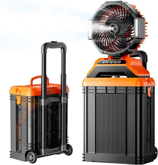 40000mAh Portable Misting Fan, 62H Max Runtime Rechargeable Mister Fan with 15L Bucket, Retractable Handle, Wide-Angle Oscillating Mist Fan for Outside Patios Golf Sports Camping Essentials