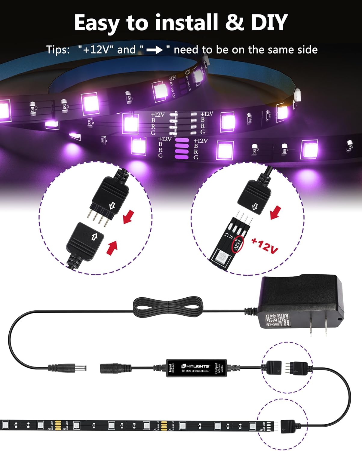 HitLights LED Strip Lights Kit, RGB Color Changing Tape Light Pre-Cut 4FT | UL Listed with RF Remote 12V Power Supply Connectors, Dimmable 12 Colors 19 Dynamic Modes for Cabinet Shelf Display Backlight